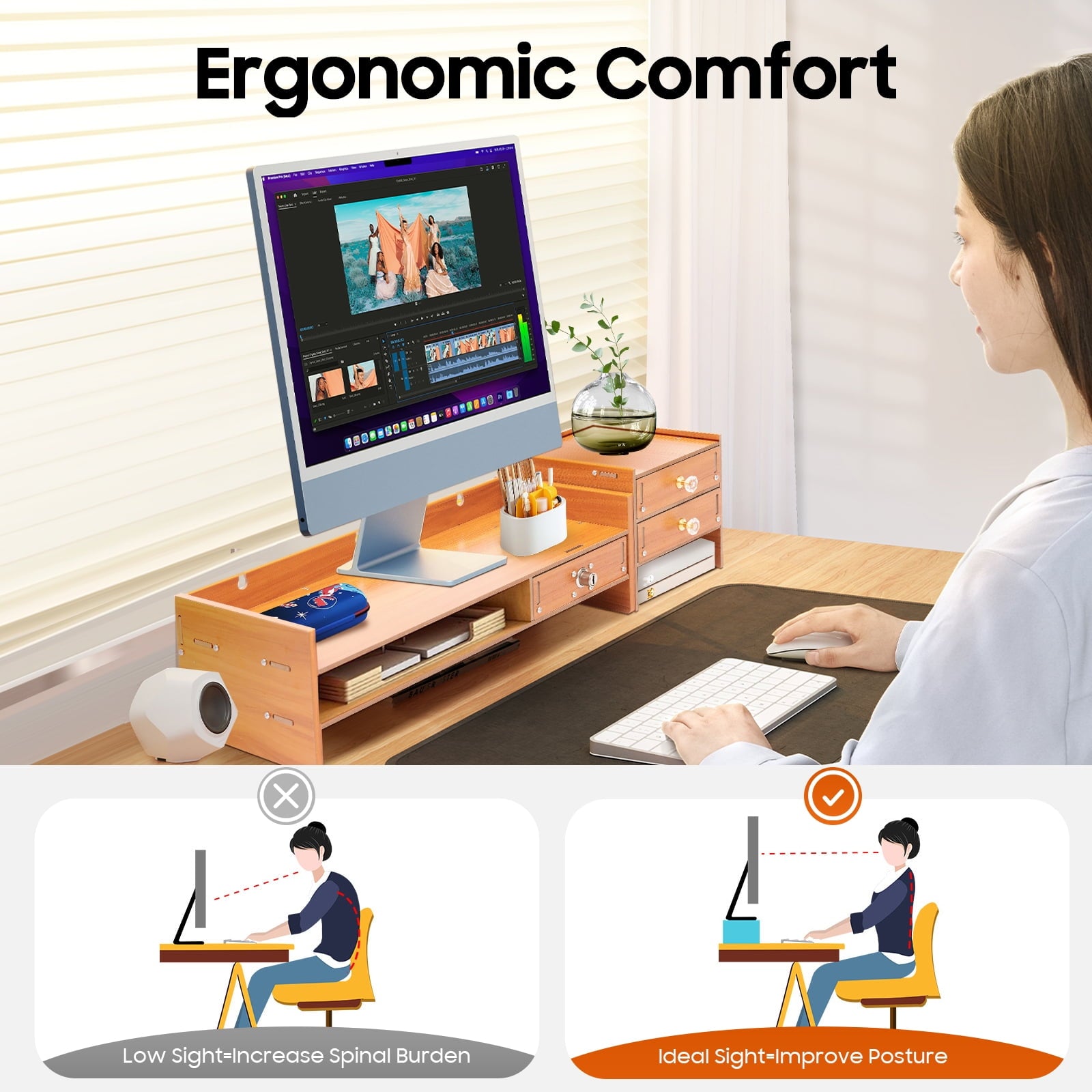 Computer Monitor Stand Riser Study Office Desk Organizer Wood Computer Rack with Drawers - Image 4