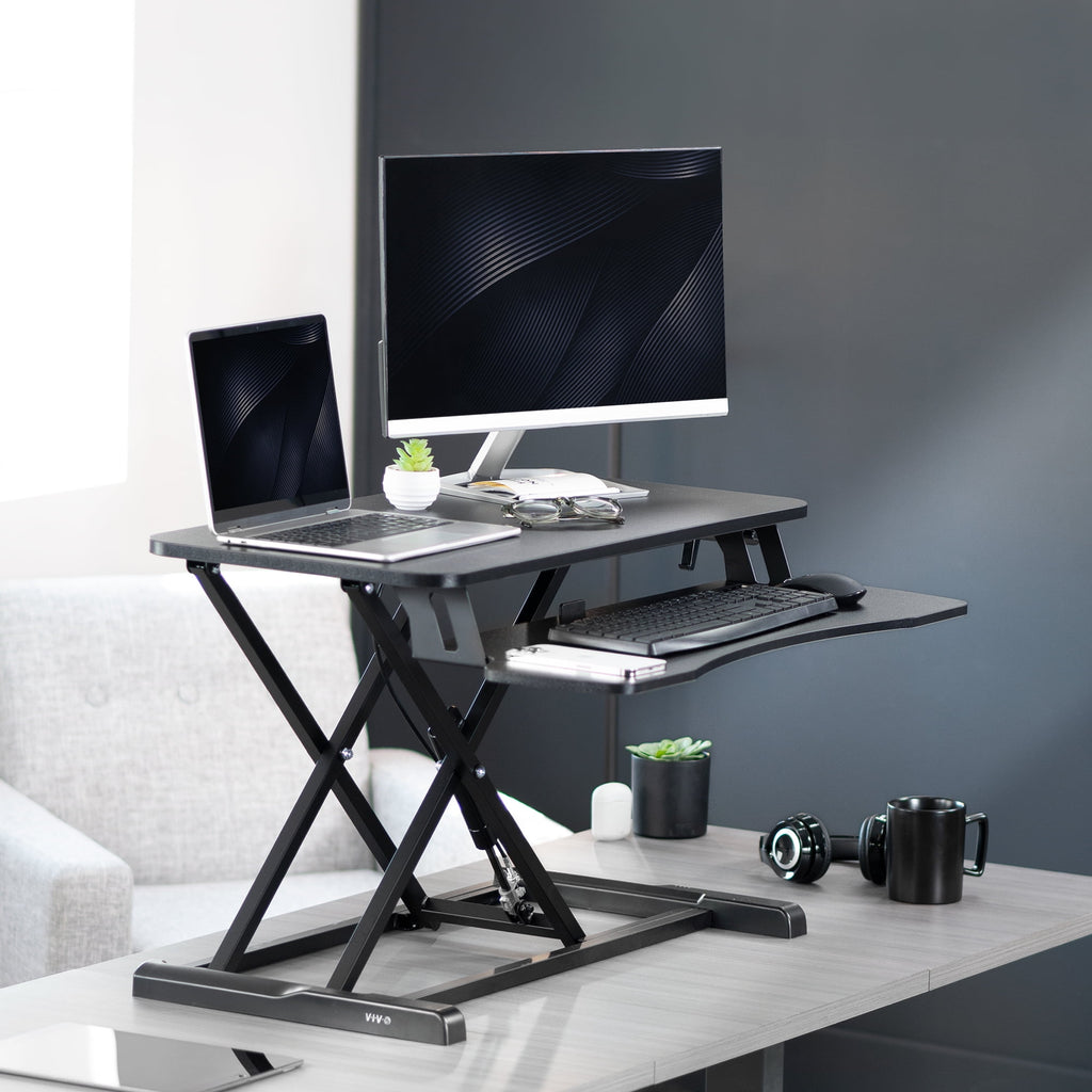 Black Height Adjustable Standing Desk Monitor Riser 32" Sit Stand Tabletop - Image 2