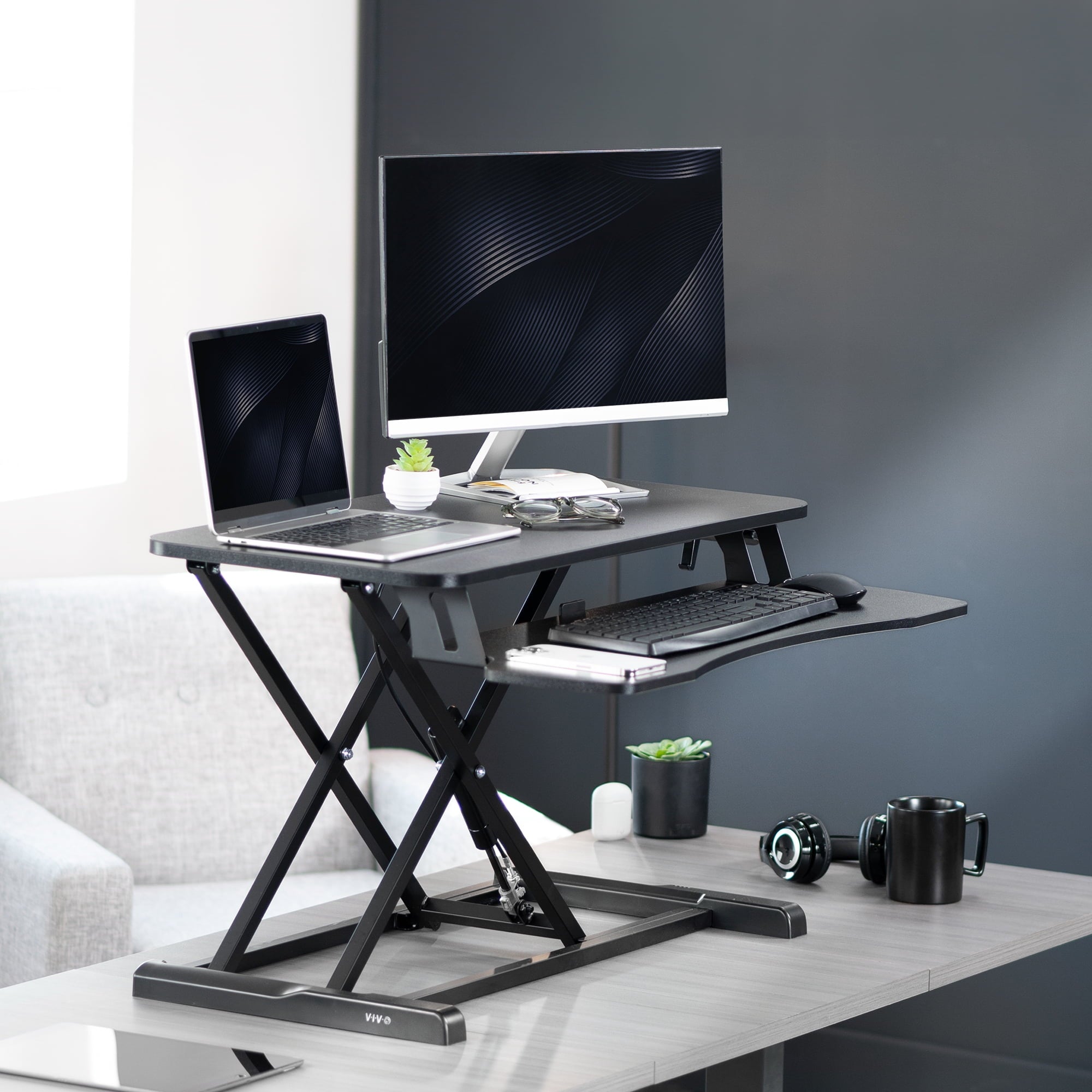 Black Height Adjustable Standing Desk Monitor Riser 32" Sit Stand Tabletop - Image 2