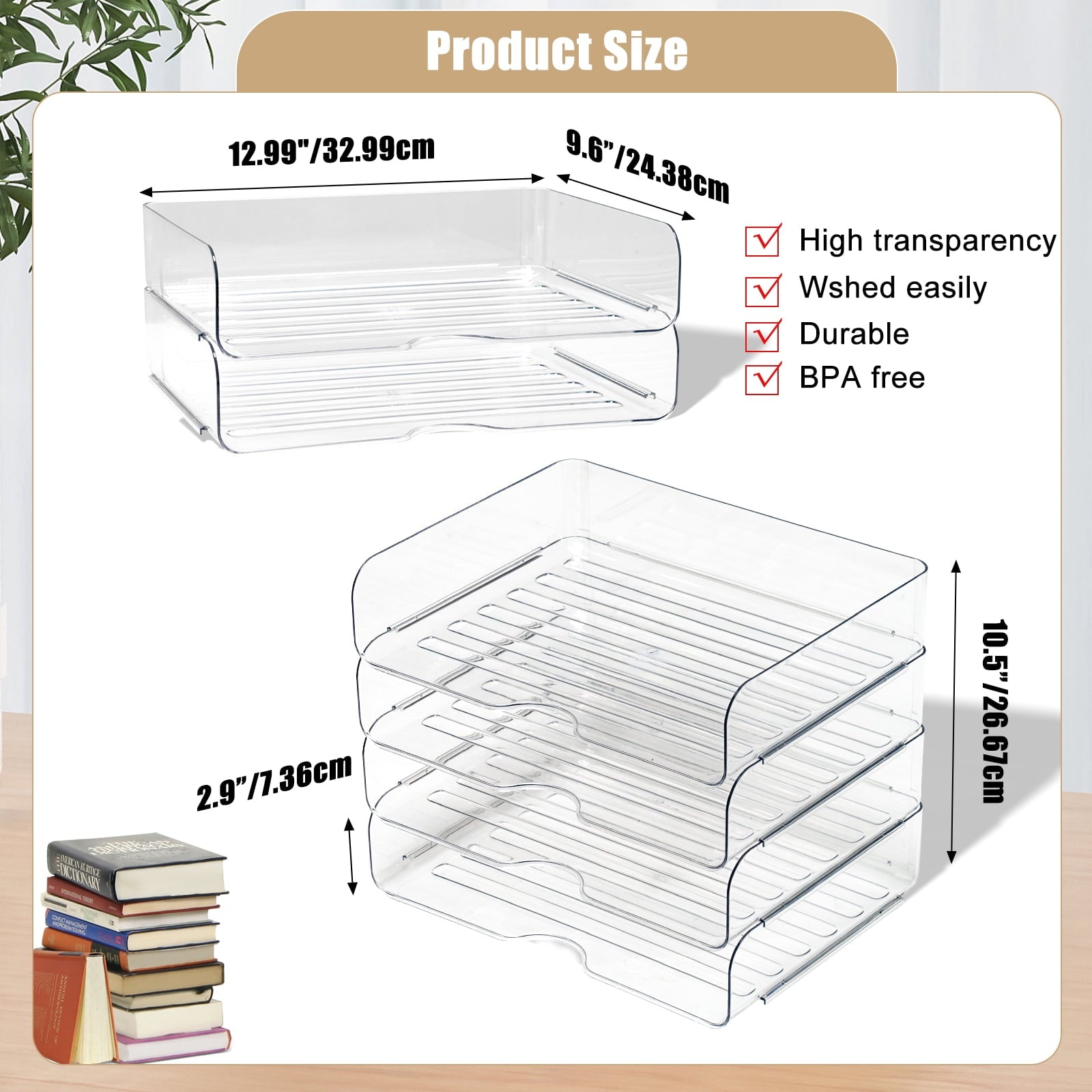 Clear Stackable Paper Trays 4 Pack, Desktop Racks with 4 File Bags, PET Clear Desk Letter Tray Set, Stackable Desk Or... - Image 3