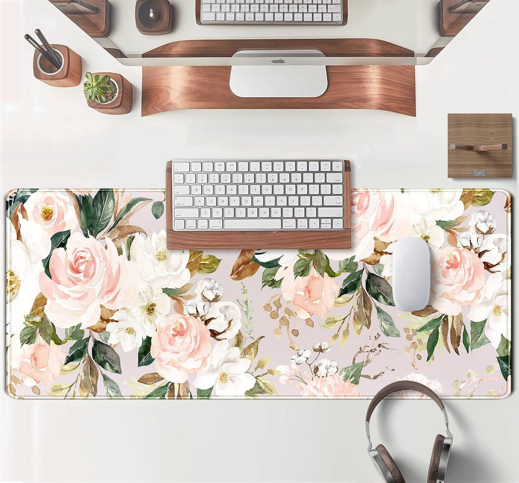 Pink Flowers Keyboard Pad PC Gaming Desk Mat Desk Mouse Pads Green Leaves Floral Mouse Pad Large, Computer XL Big Mou... - Image 4