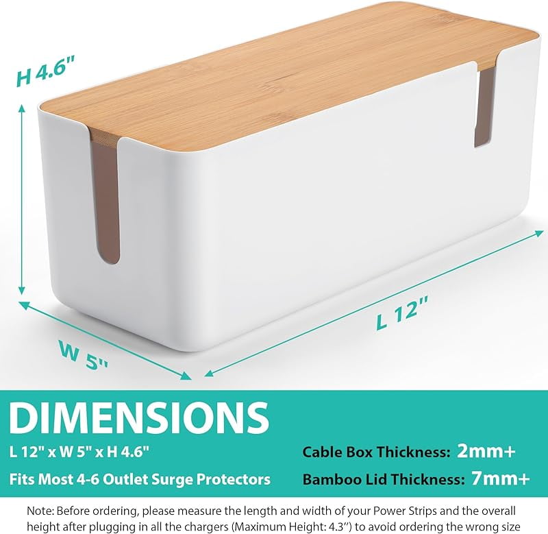Cable Management Box with Bamboo Lid, White Cable Box Small Cord Hider Box Cord Organizer Box to Conceal Surge Protec... - Image 3
