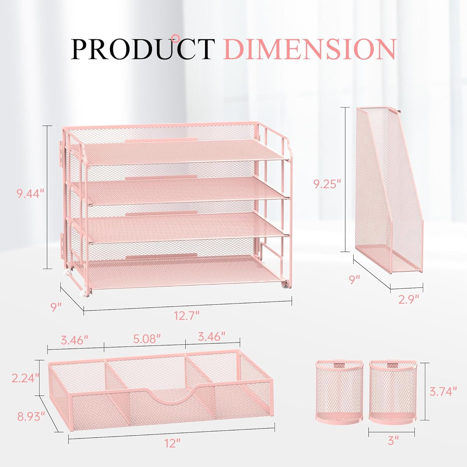 INTIGE 4-Tier Metal Desk Organizer with File Holder, 1 Drawer, 2 Pen Holders, Paper Organizer, Pink - Image 2