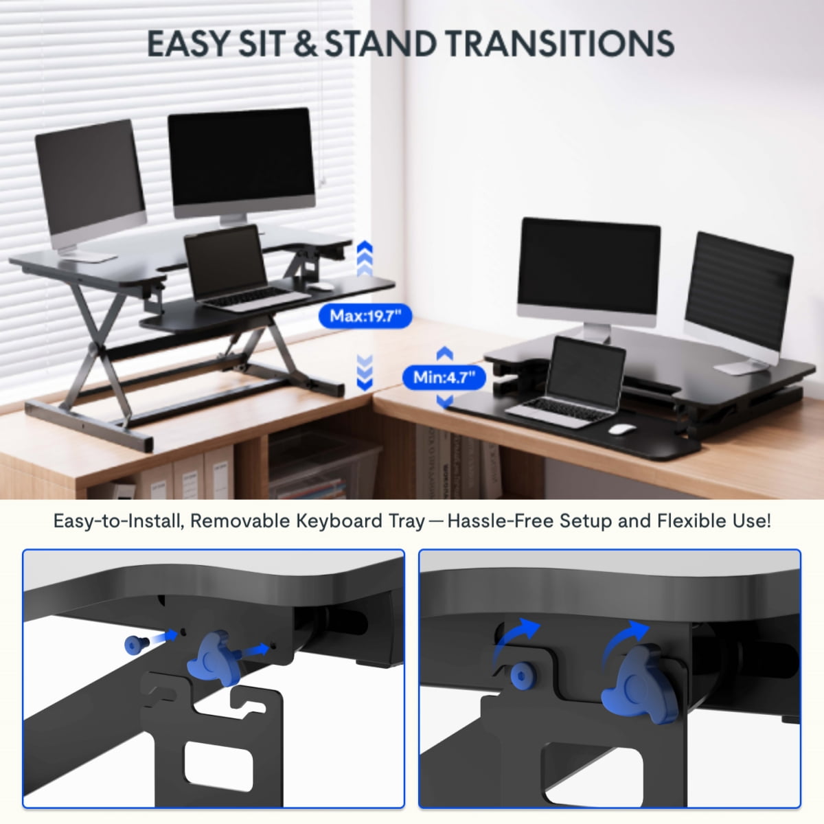 27" Height Adjustable Stand Up Desk Converter - Smooth & Effortless Lift, Compatible with Dual Monitor Mount, Removab... - Image 3