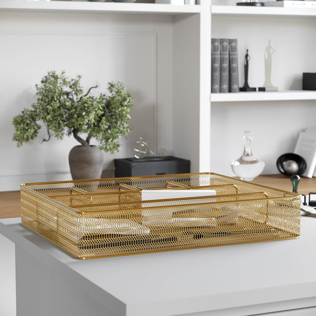 Ryder Gold Mesh Metal 6 Compartment Large Desk Drawer Organizer for Accessories and Office Supplies - Image 2