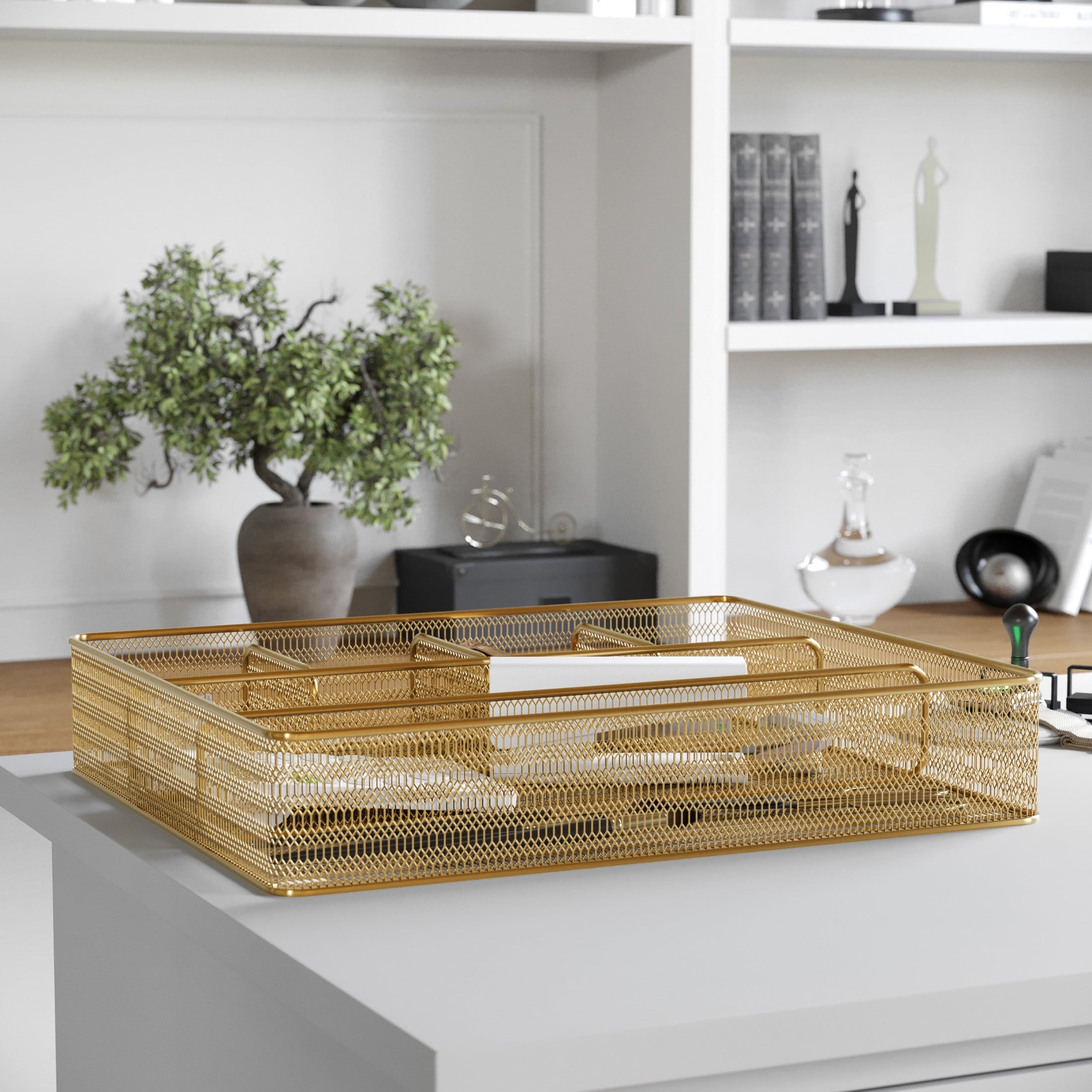 Ryder Gold Mesh Metal 6 Compartment Large Desk Drawer Organizer for Accessories and Office Supplies - Image 2
