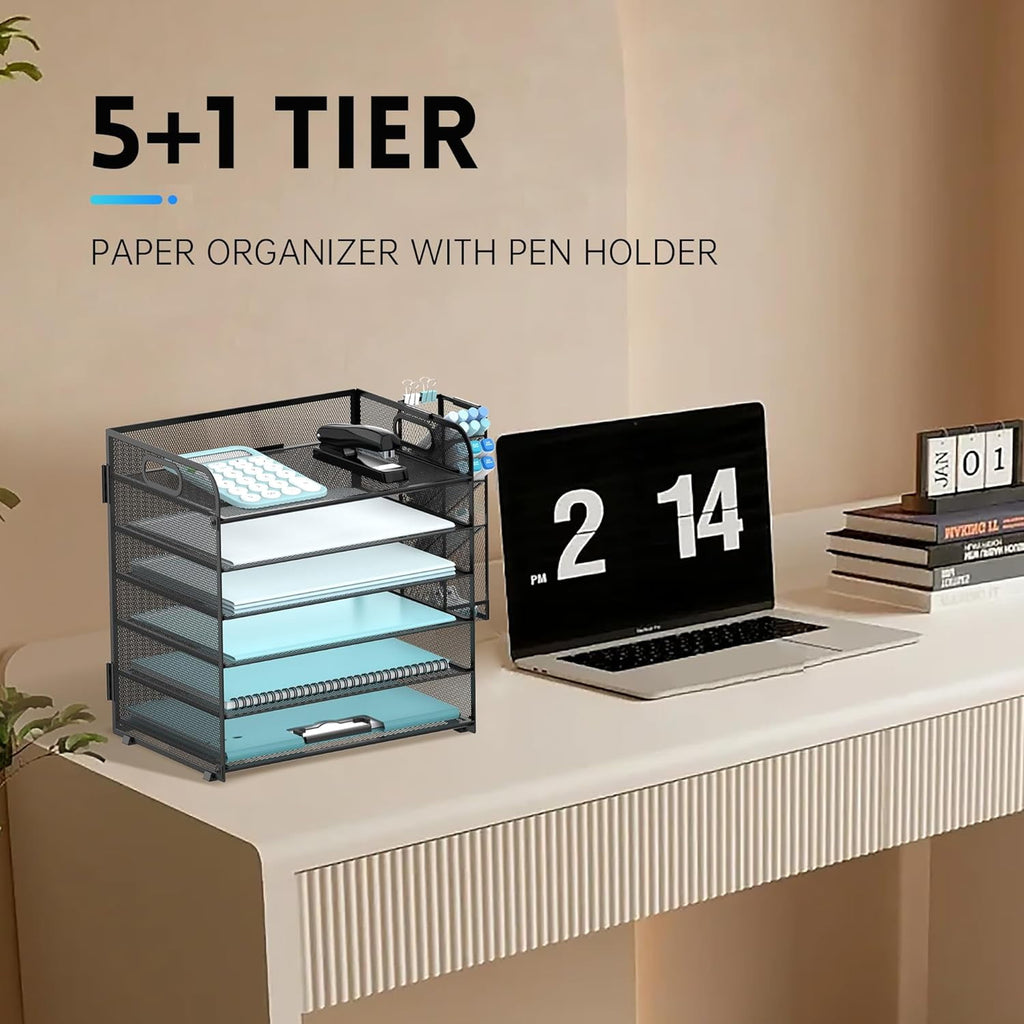 6 Tier Paper Organizer with 4 Pen Holders, Metal Mesh Desk Organizer Letter Tray with Handle, Black - Image 5