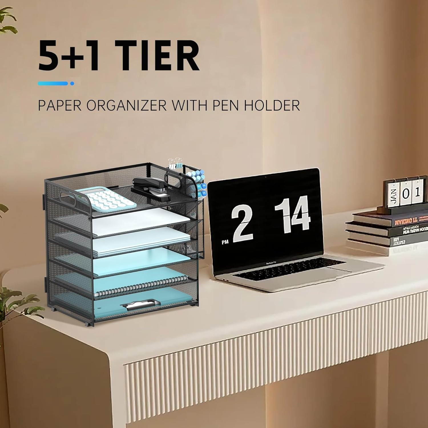 6 Tier Paper Organizer with 4 Pen Holders, Metal Mesh Desk Organizer Letter Tray with Handle, Black - Image 5