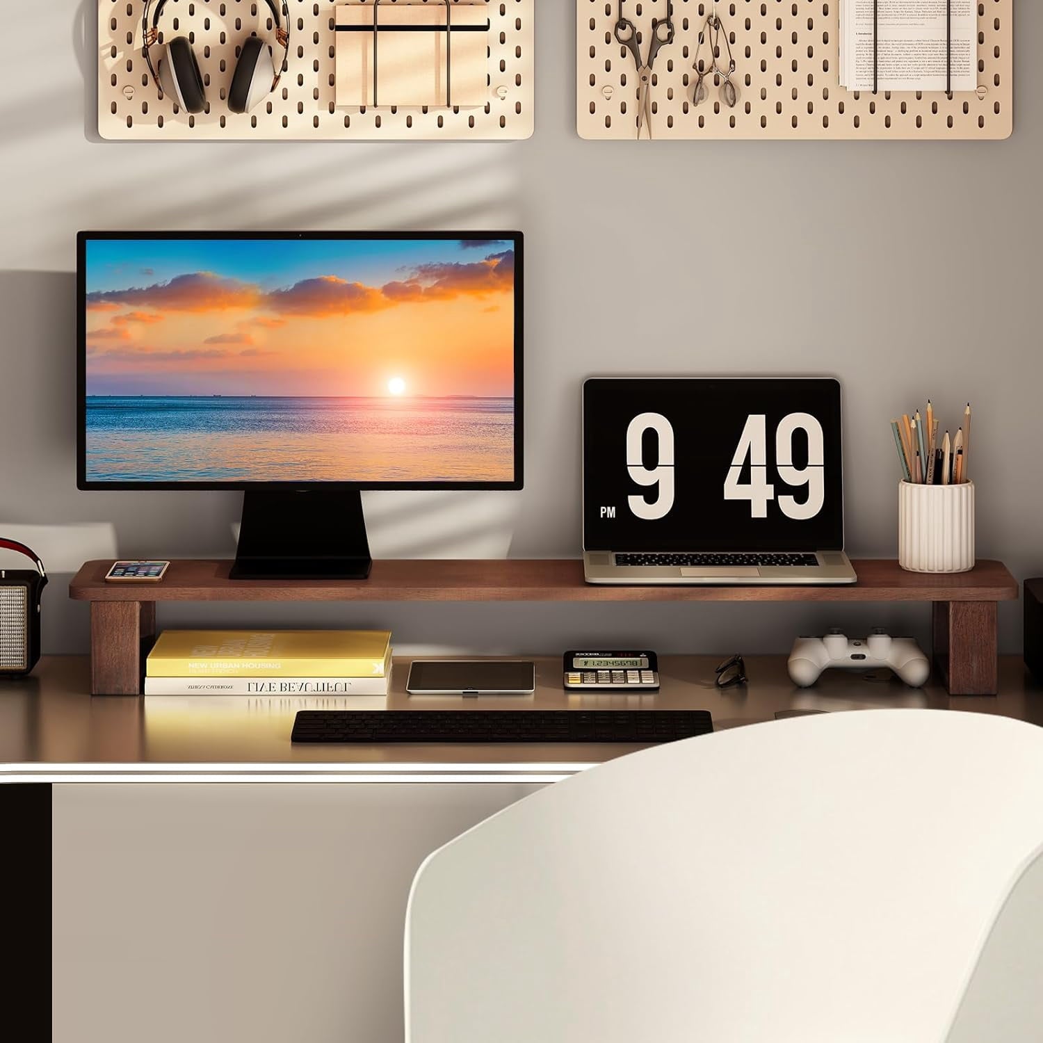 Dual Monitor Stand Riser 2 Heights Adjustable Wood Computer Monitor Stand Desktop Organizer, Large Monitor Stand for 2 Monitors, Laptop, TV, - Image 3