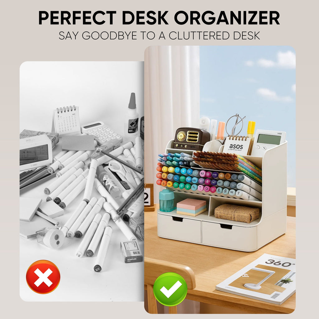 Tall Organizer Plastic Desk Organizer for Office,Pencil Holder Organizer for Home Desk Storage Organizer with Drawers - Image 5