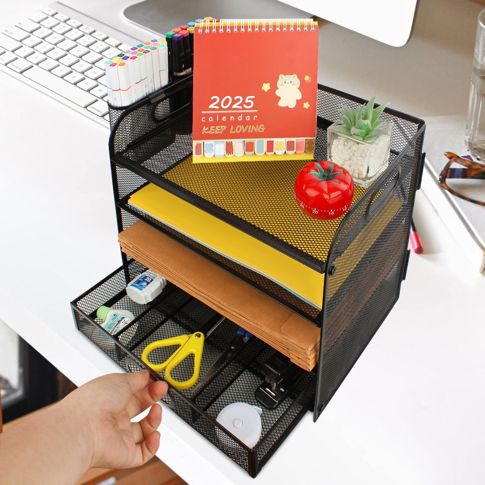 PHANCIR 4-Tier Desk Organizer, New Office Supplies, Metal Desktop File Organizer & Storage with Pull-out Drawer, 1 Pack - Image 4