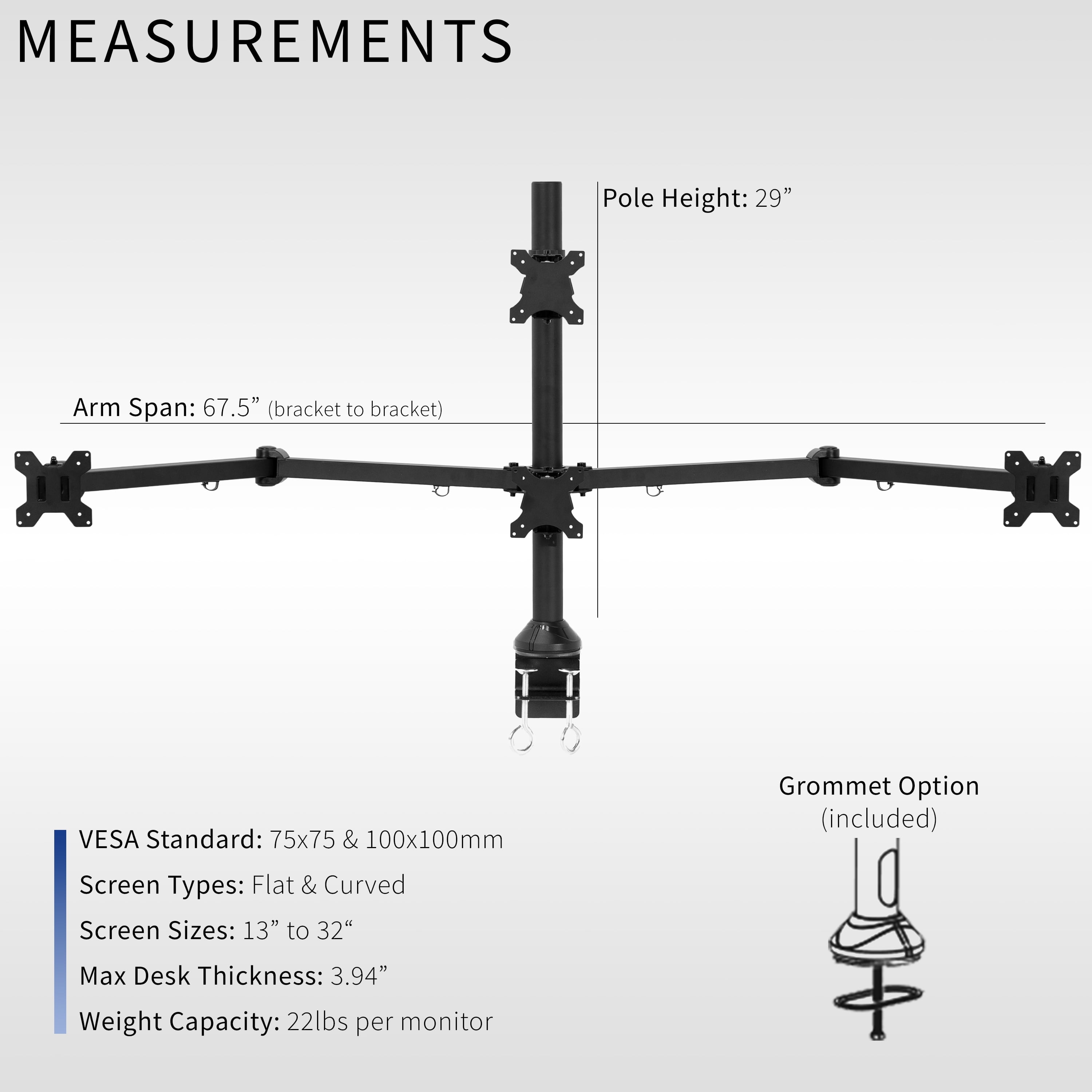 VIVO Steel Quad Monitor Desk Mount Adjustable 3 + 1 Stand | 4 Screens up to 32" - Image 3