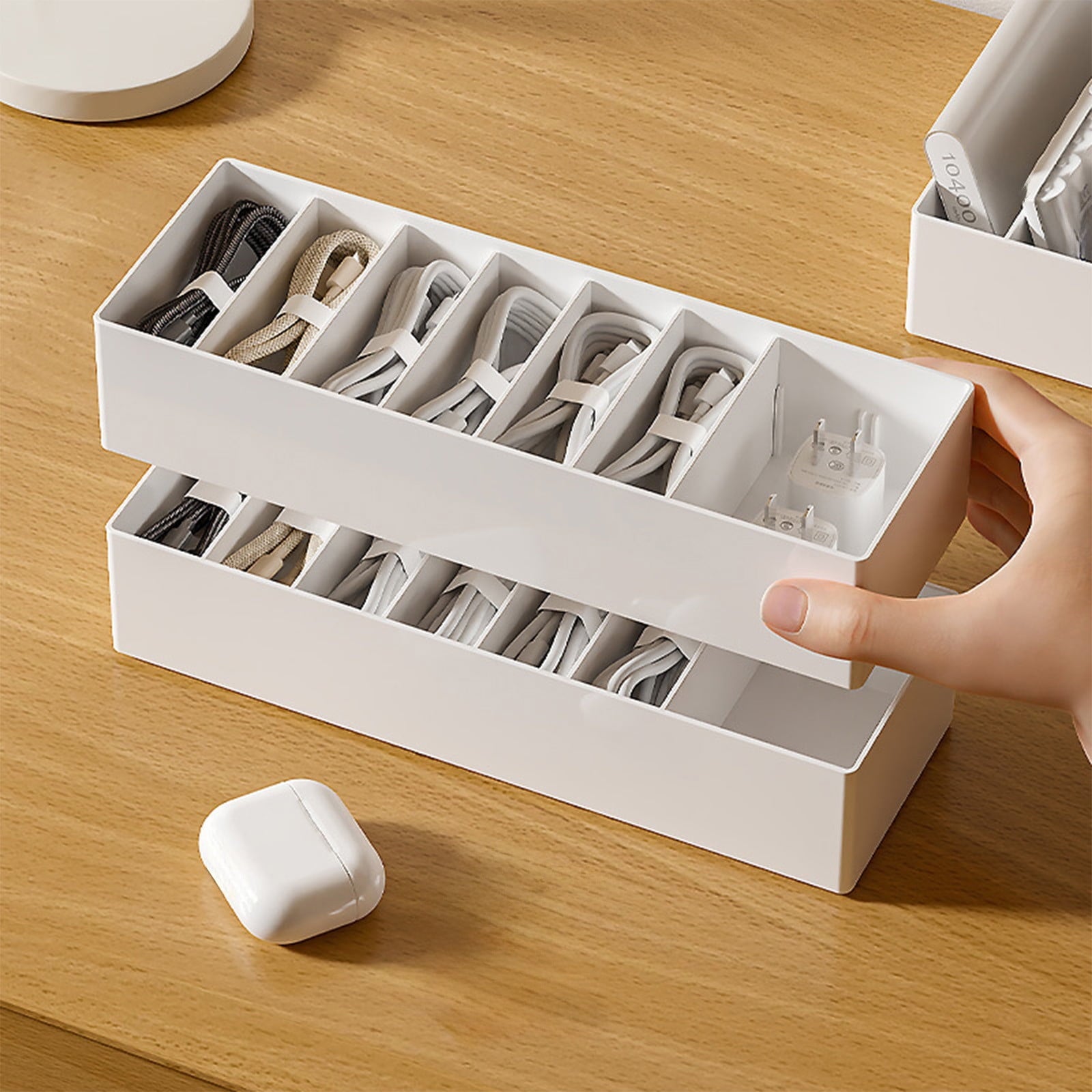 Box: Adjustable Compartments, White Plastic, 10.24x3.54x2.24in, for Chargers, Headphones & Accessories - Drawer or De... - Image 4