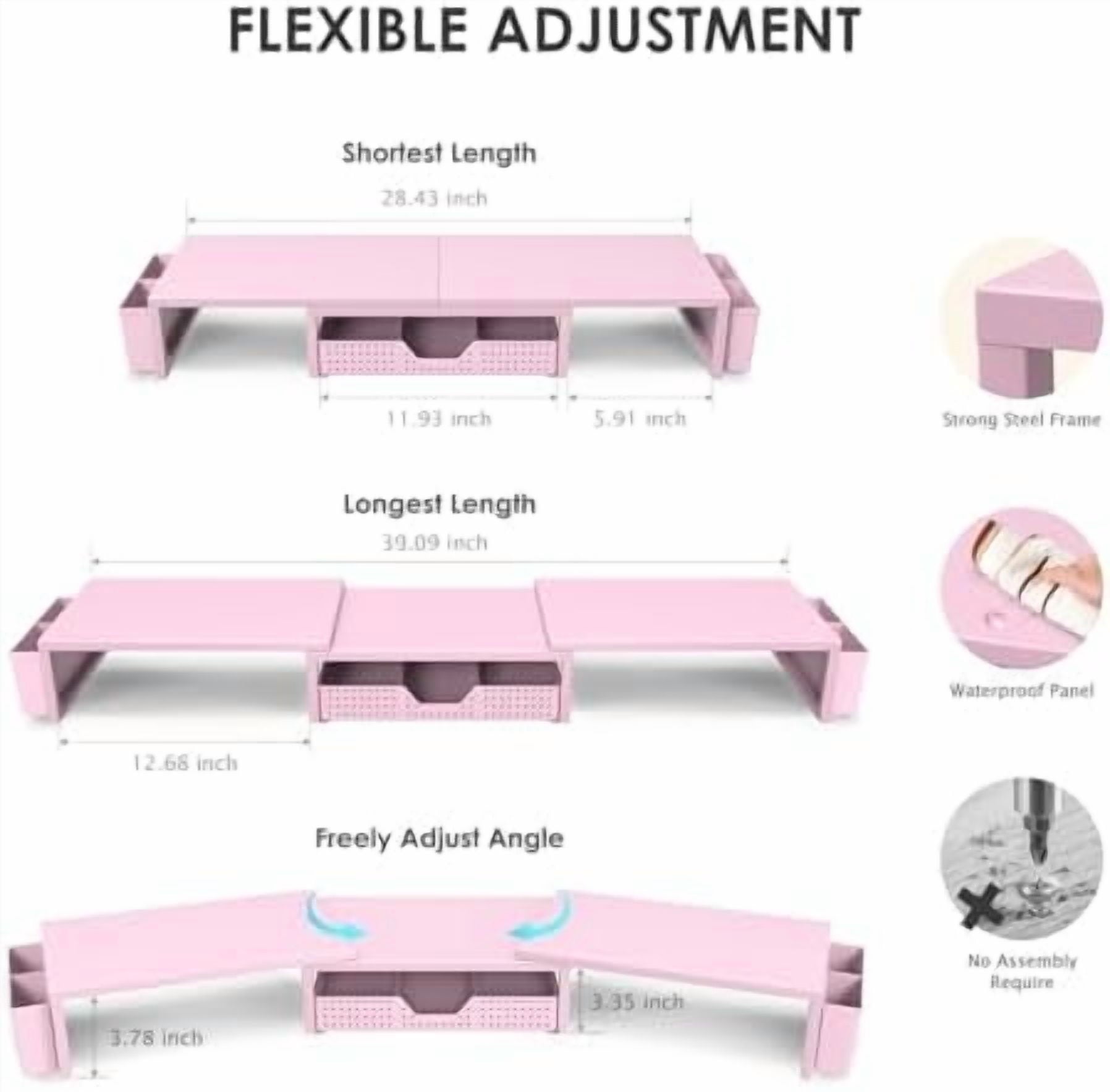 Pink Desk Organizers and Accessories for Women, Dual Computer Monitor Stand Riser with Drawer and 2 Pen Holders, Office Desk Accessories, Wo - Image 3