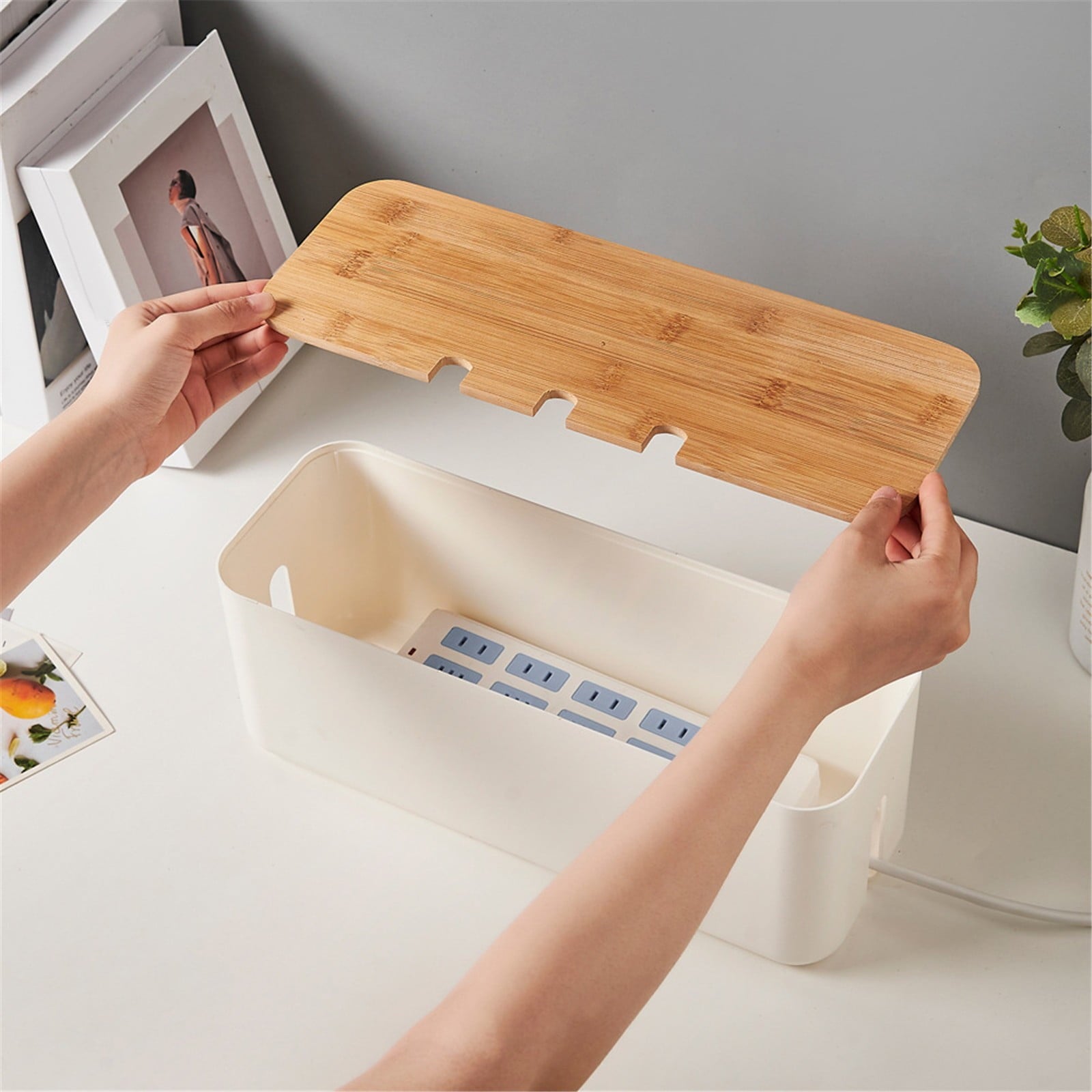 White Cable Management Box 11.8x4.5 Inches, Wooden Lid, Cable Organizer for Desktop, TV, Computer, USB Hub System for... - Image 3