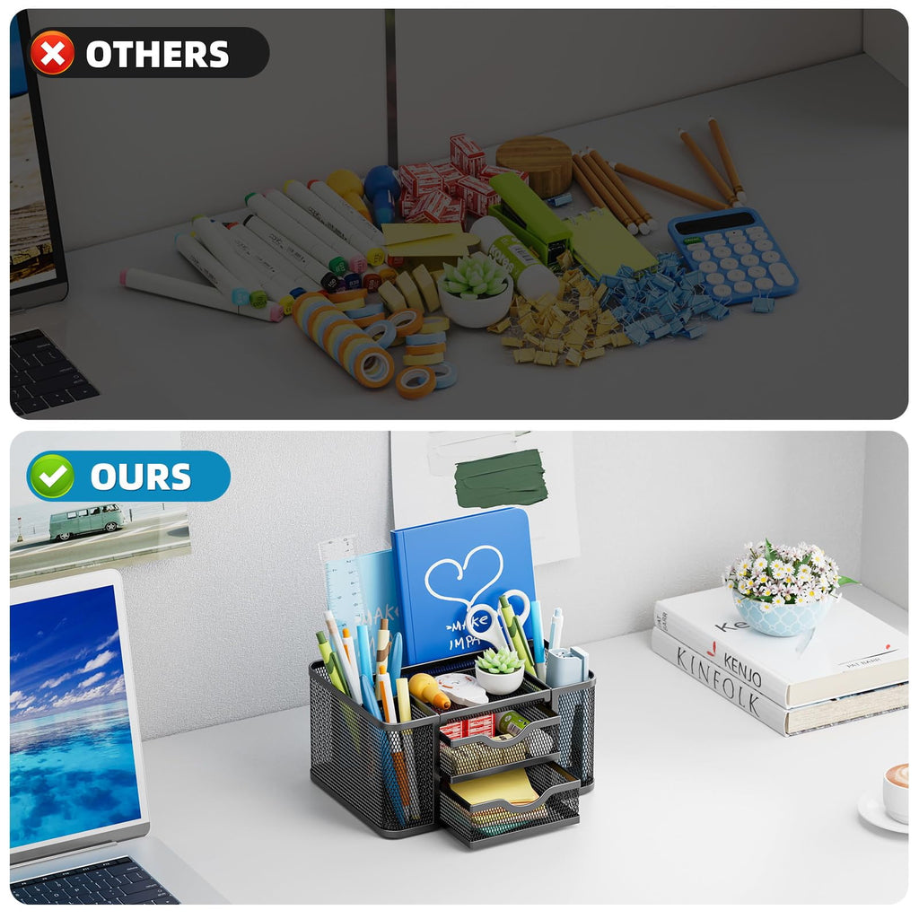 Mesh Desk Organizer, Desktop Organizer with Drawer,Mesh Office Desk Accessories,Office Supplies Multi-Functional Caddy - Image 3
