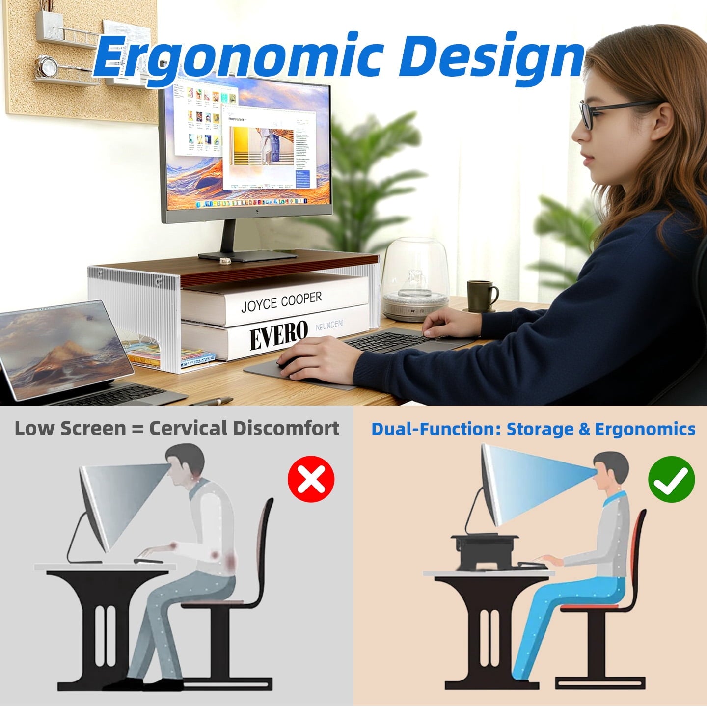Marsrock Clearance Wood&Acrylic Computer Monitor Stand Desk Desktop Organizer Table For Home,Office Workspace,Laptop Riser,Printer,PC&TV Scr - Image 3