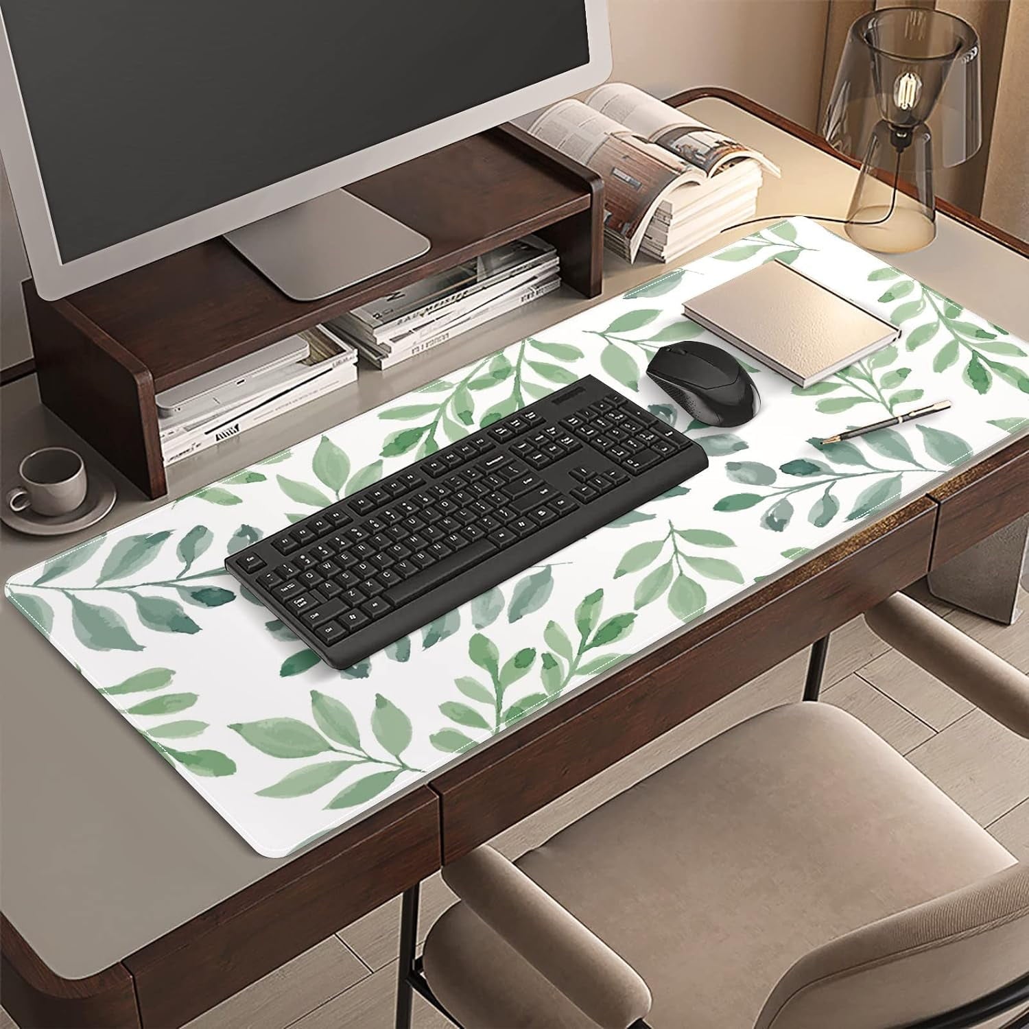 Watercolor Green Leaves Desk Mat, Desk Accessory, Cute Workspace, Trendy Workspace, Trendy, 35.4x15.7in Large Gaming Mouse Pad, Cute Desk To - Image 5