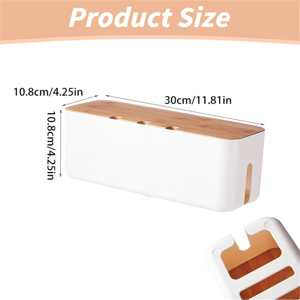 White Cable Management Box 11.8x4.5 Inches, Wooden Lid, Cable Organizer for Desktop, TV, Computer, USB Hub System for... - Image 2