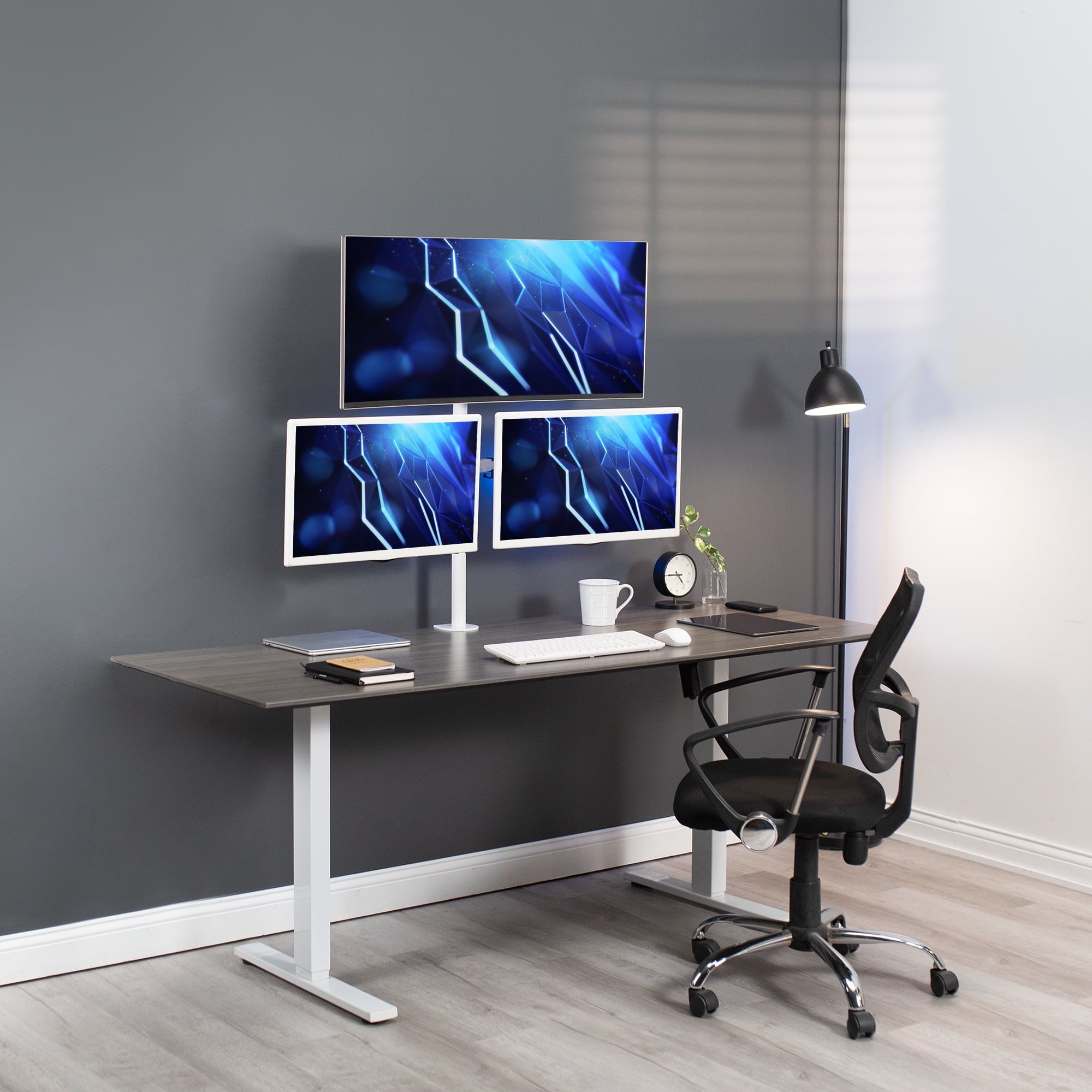 White Triple Monitor Adjustable Desk Mount Stand, 3 Screens up to 30" - Image 6