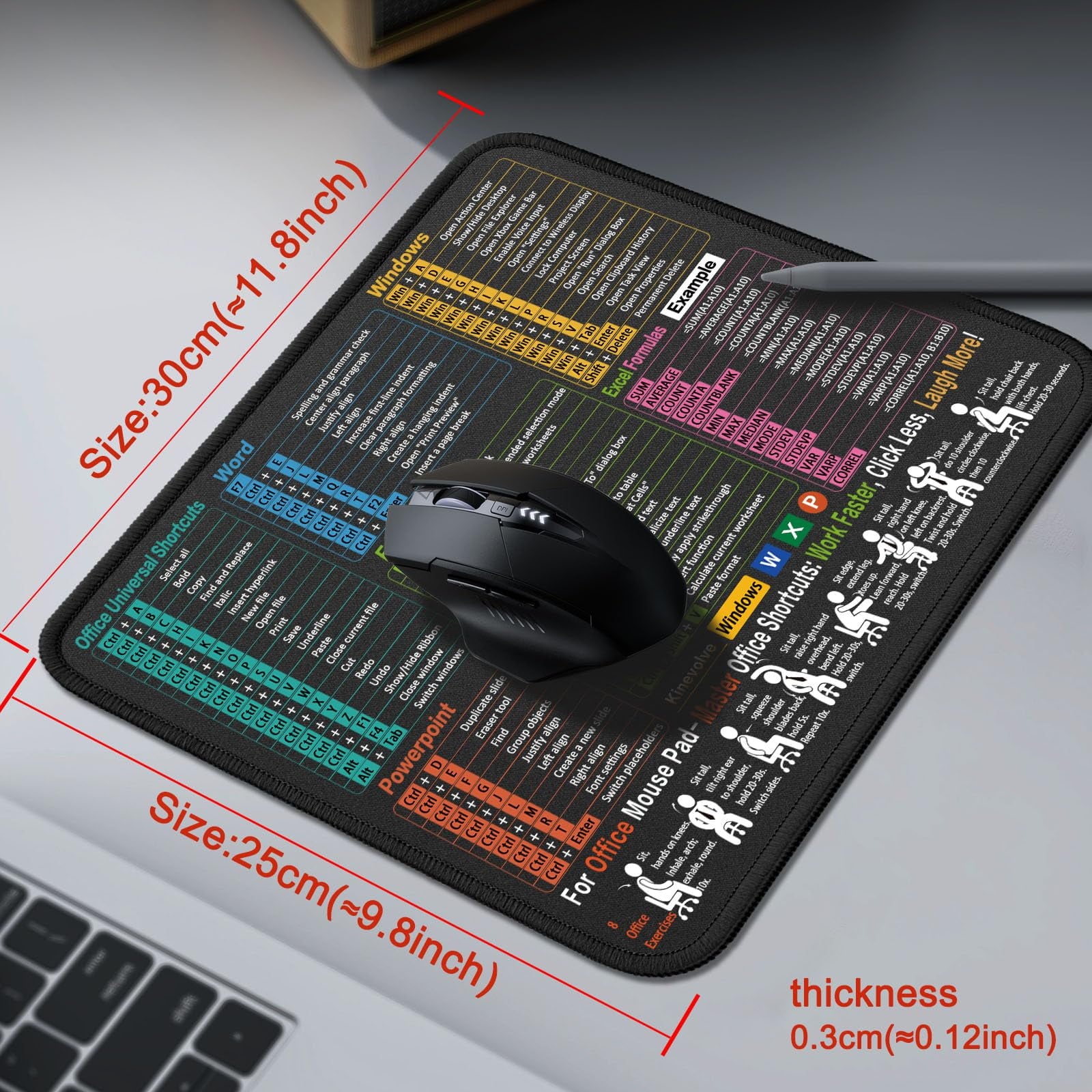 Mouse Pad for Excel/Word/PowerPoint/Windows Shortcuts – Small Excel Cheat Sheet Desk Pad – 11.8"x9.8" Portable Computer Mousepad – Gaming, O - Image 2