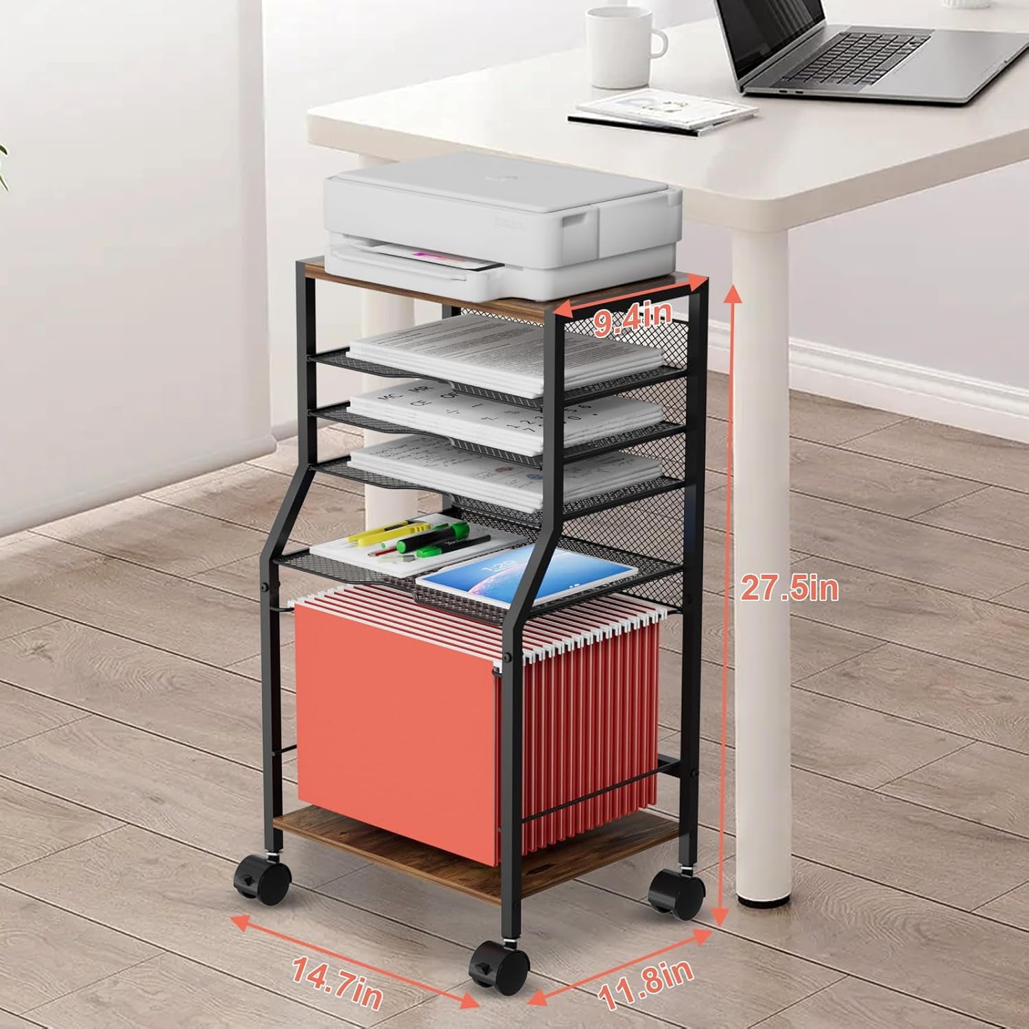 Rolling File Cart, 6 Tiers Under Desk Organizer on Wheels, Wood Planks and Mesh Cart with Hanging File Folders Rack and Paper Trays, Black - Image 2