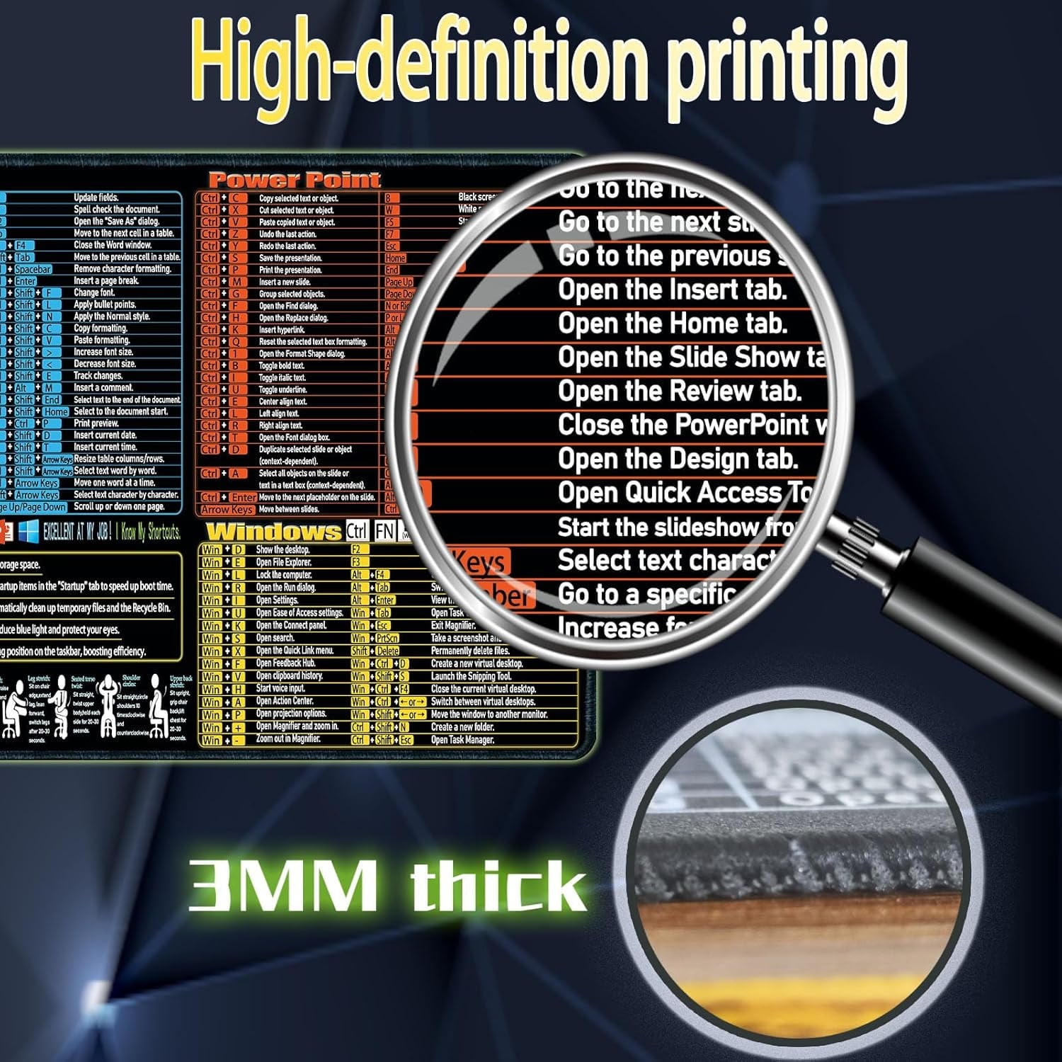 Excel/Word/Power Point/Windows Cheat Sheet Desk pad, Large Gaming Office pc Mouse pad,Keyboard Shortcuts Mouse pad,No... - Image 2
