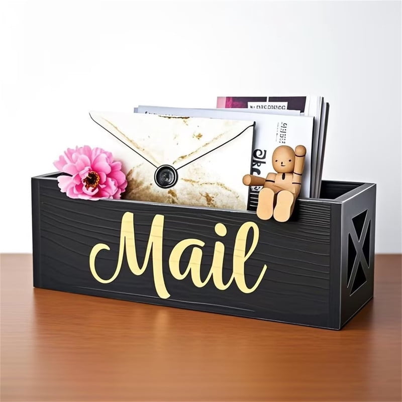 Black Mail Organizer for Countertop, Mail Organizer Wall Mounted, Rustic Wooden Desk Storage for Letter File Postcard... - Image 2