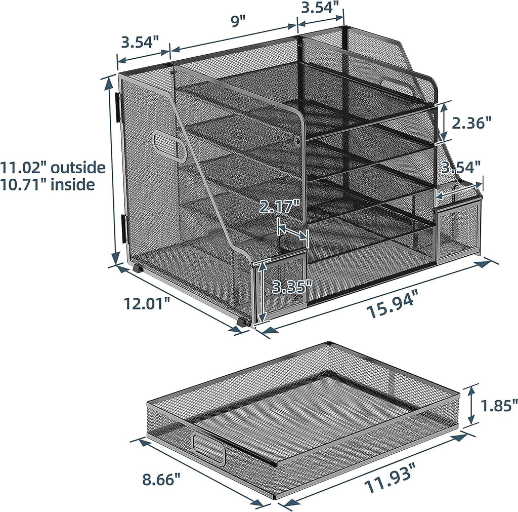 Paper 5 Compartment Mesh Desk Organizer with Drawer, Black - Image 4