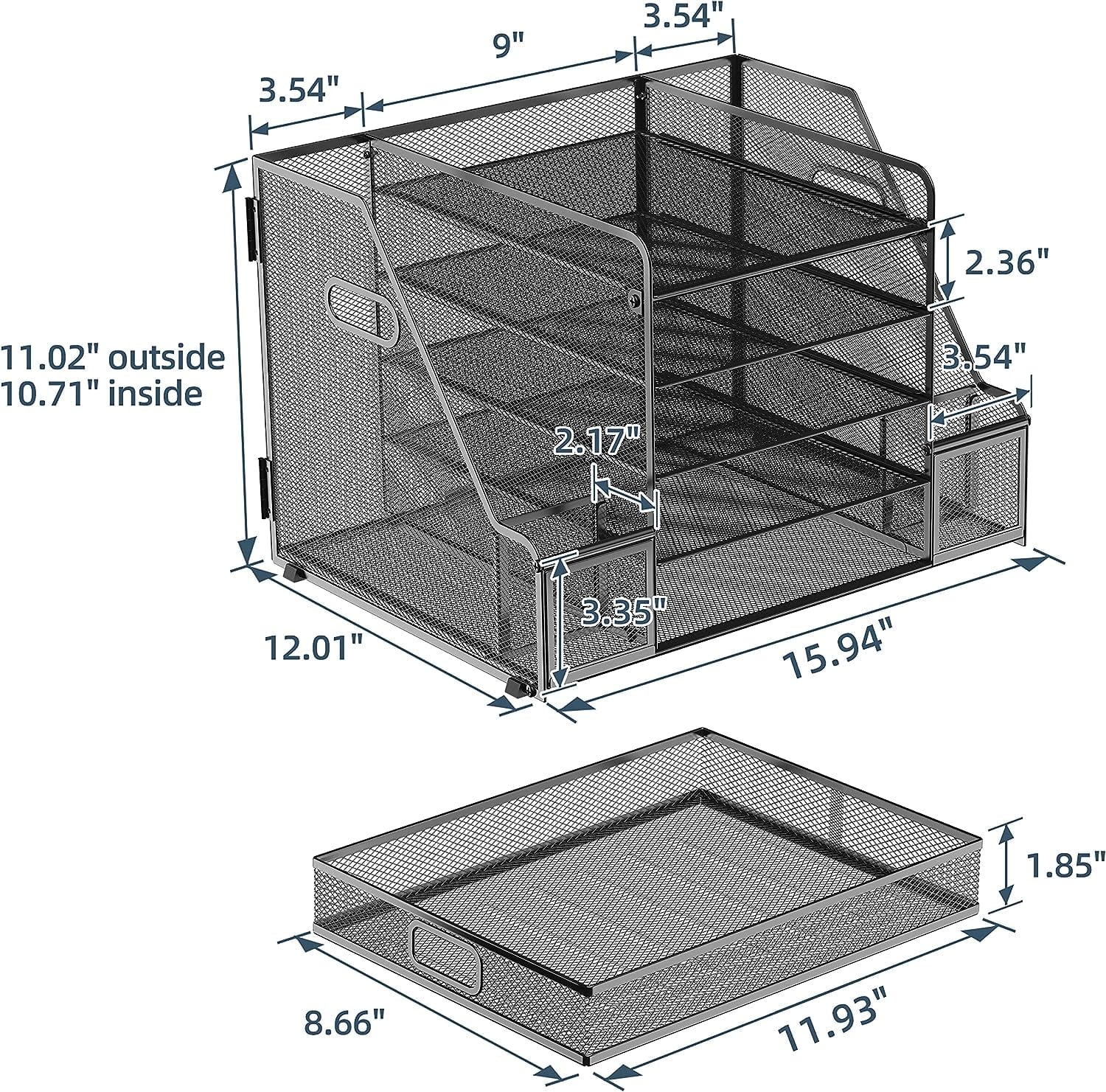 Paper 5 Compartment Mesh Desk Organizer with Drawer, Black - Image 4