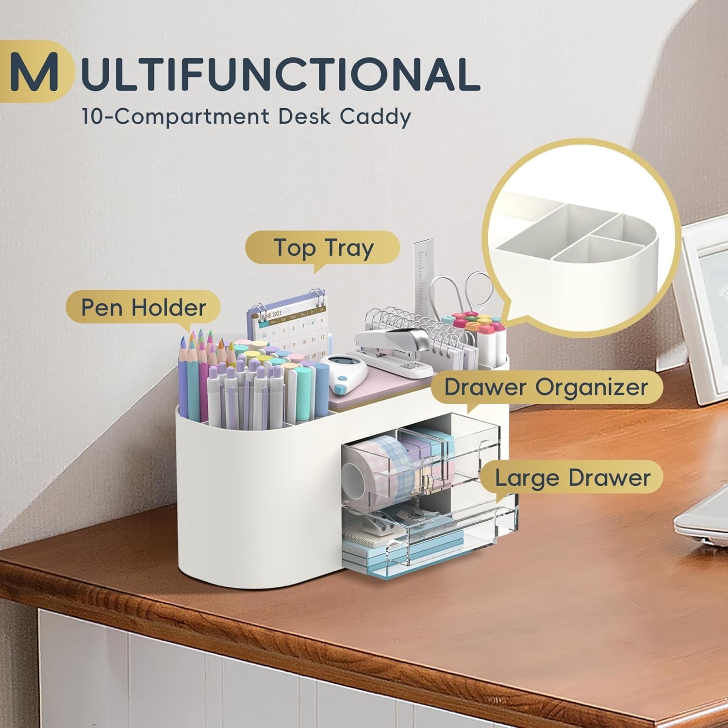 Plastic Desk Organizer with Pencil Pen Holder, 10-Compartment Pen Organizer with 3 Drawers - Image 4