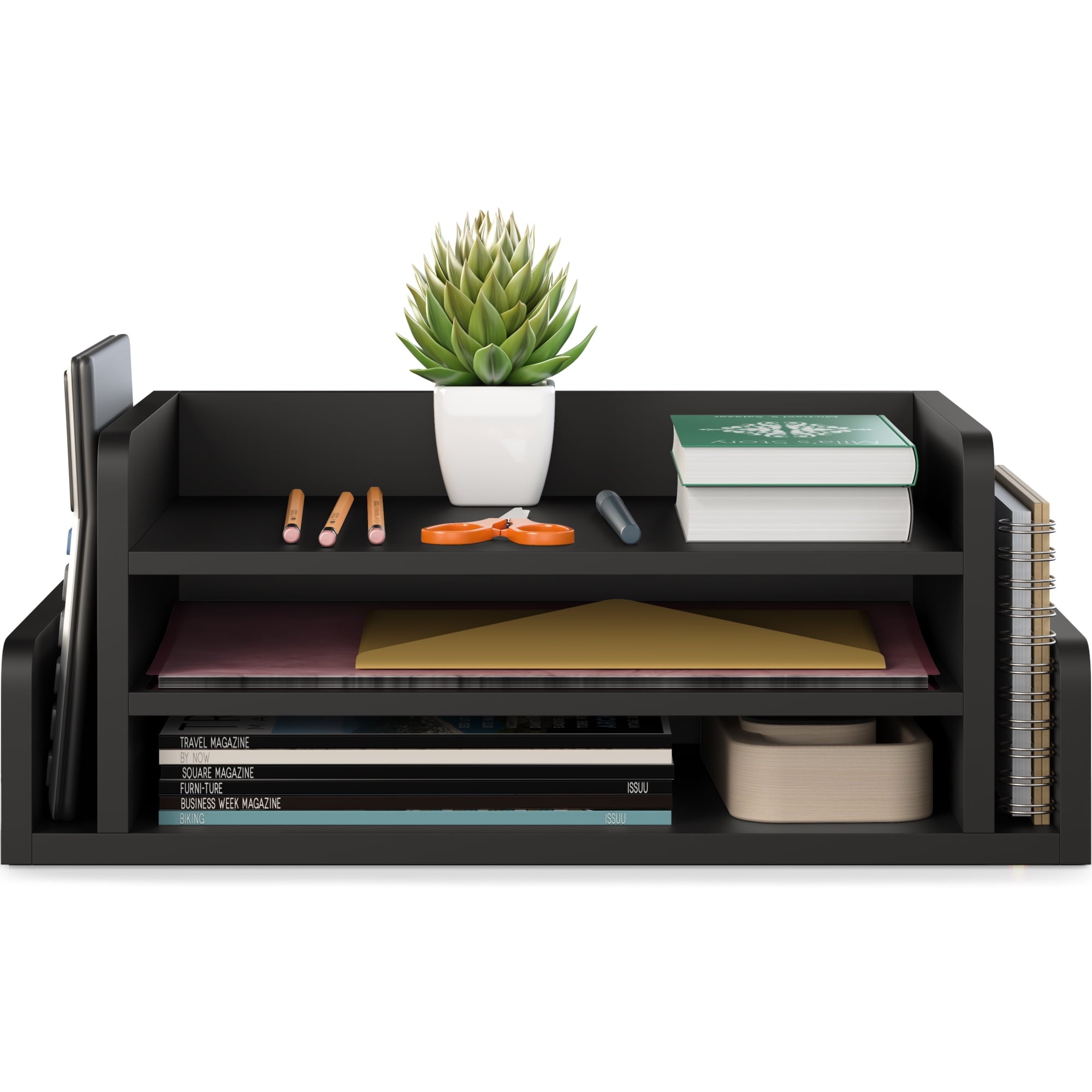 3-Tier Desk Organizer with 2 Side Mail Sorter Slots, Office Letter Tray, Black - Image 5