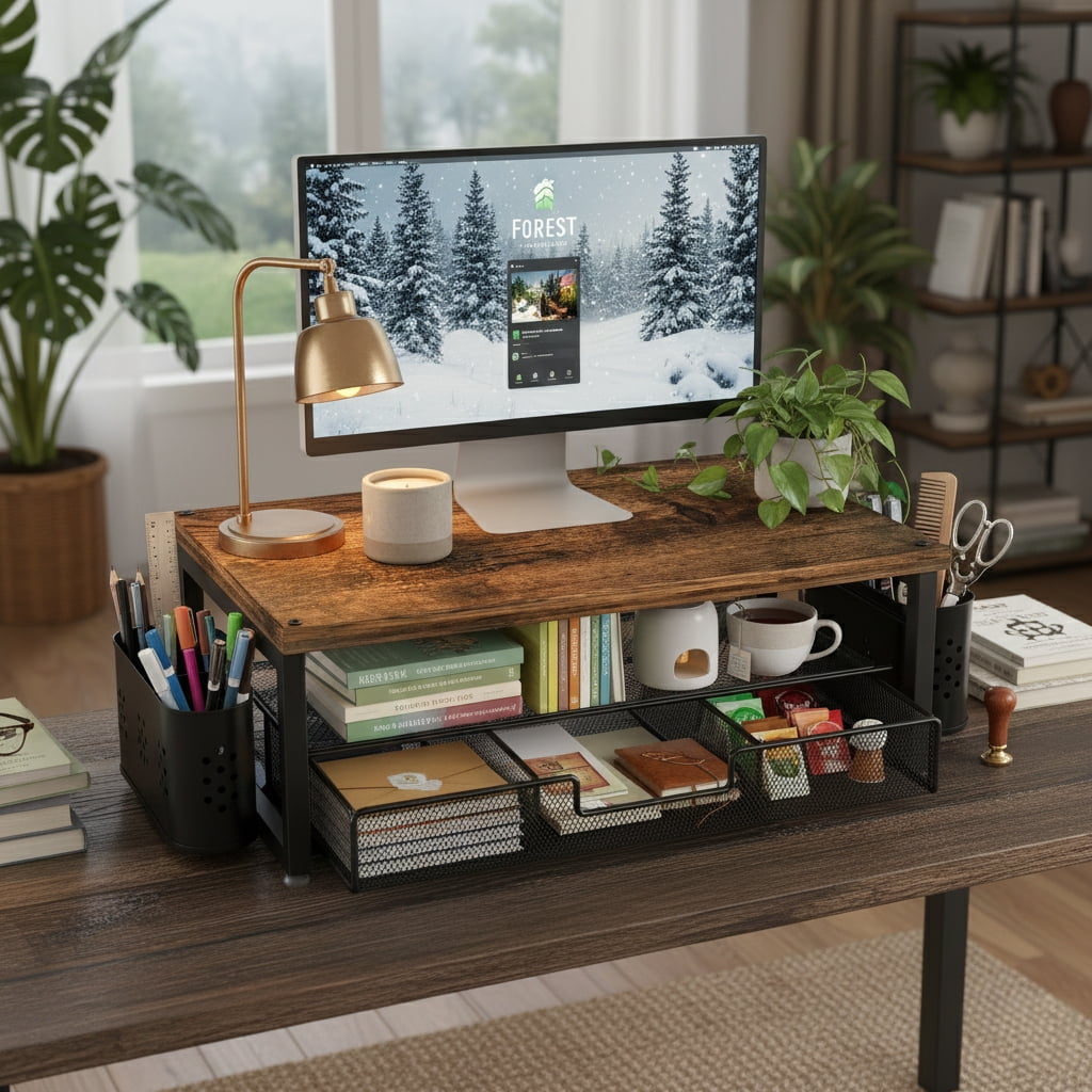 3-Tier Wooden Monitor Stand Riser with Drawer and Pen Holders, Desk Organizer and Accessories for Laptop, Office, Dor... - Image 3