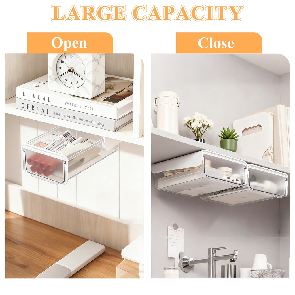 Yalumo 2 Pack Under Desk Drawer Organizer, Large & Small Slide Out Under Desk Storage Drawer Self-Adhesive Under Table Hidden Drawer for Off - Image 4