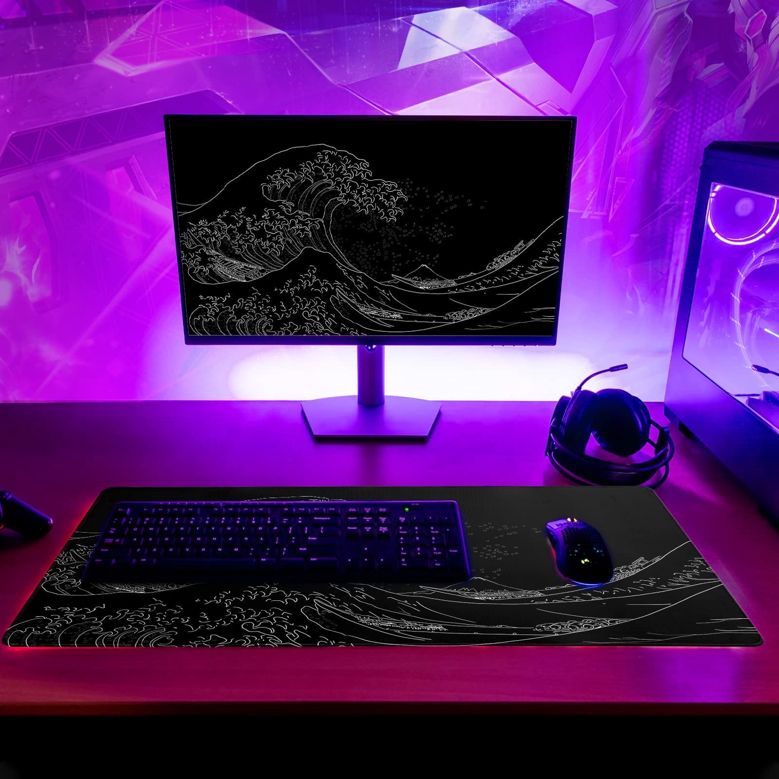 Large Japanese Sea Wave Mouse Pad, 31.5 x 11.8 Inch Extended Anime Gaming Desk Pad, Black Kanagawa Mat with Non-Slip ... - Image 6