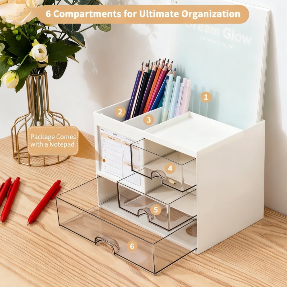 Desk Organizer Box, White Rectangular ABS Plastic, 3 Drawers, 8 Compartments, Office Storage, 8.185.626.1 in - Image 5