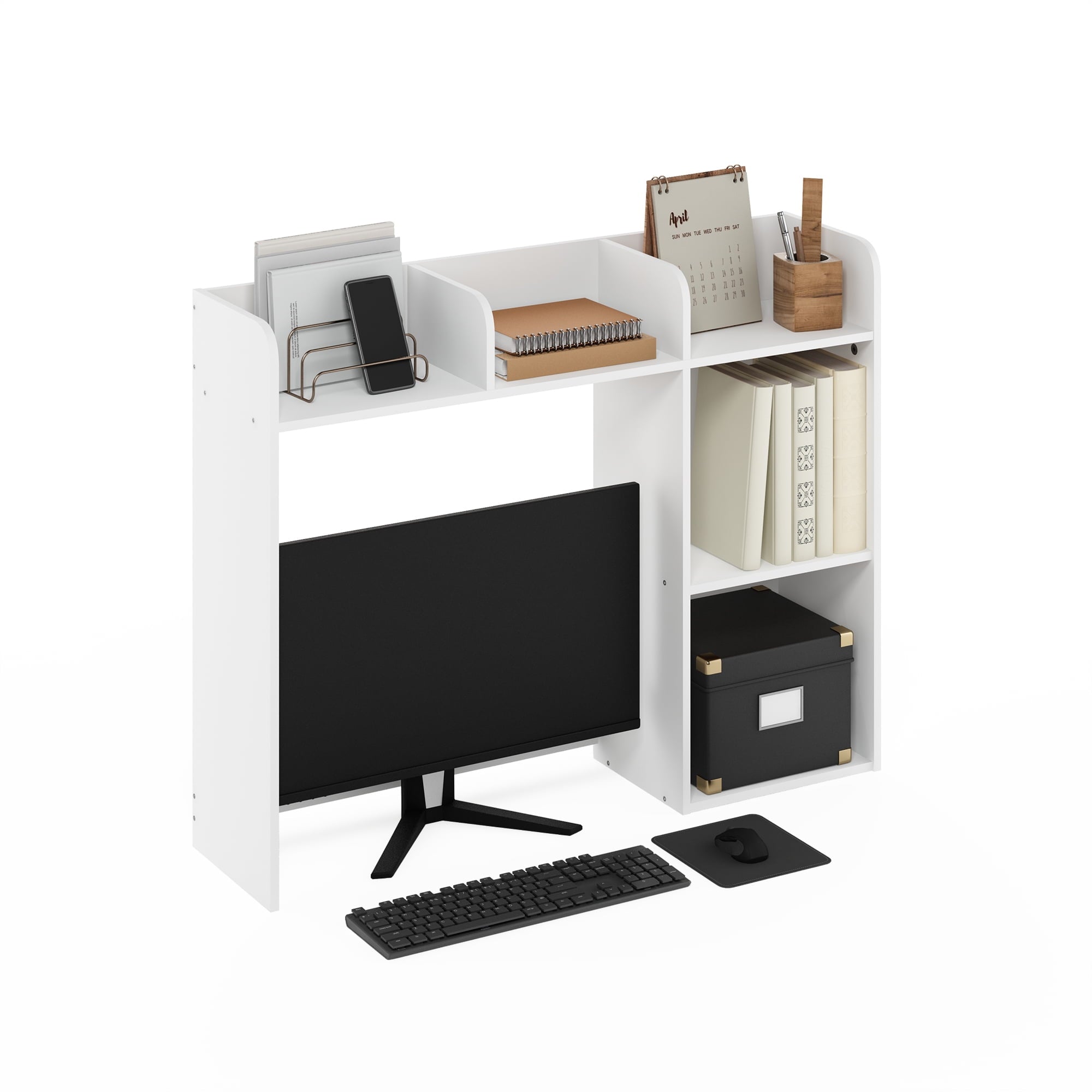 Classic Desktop Bookshelf Storage Hutch in Desk Organizer with 5 White - Image 4