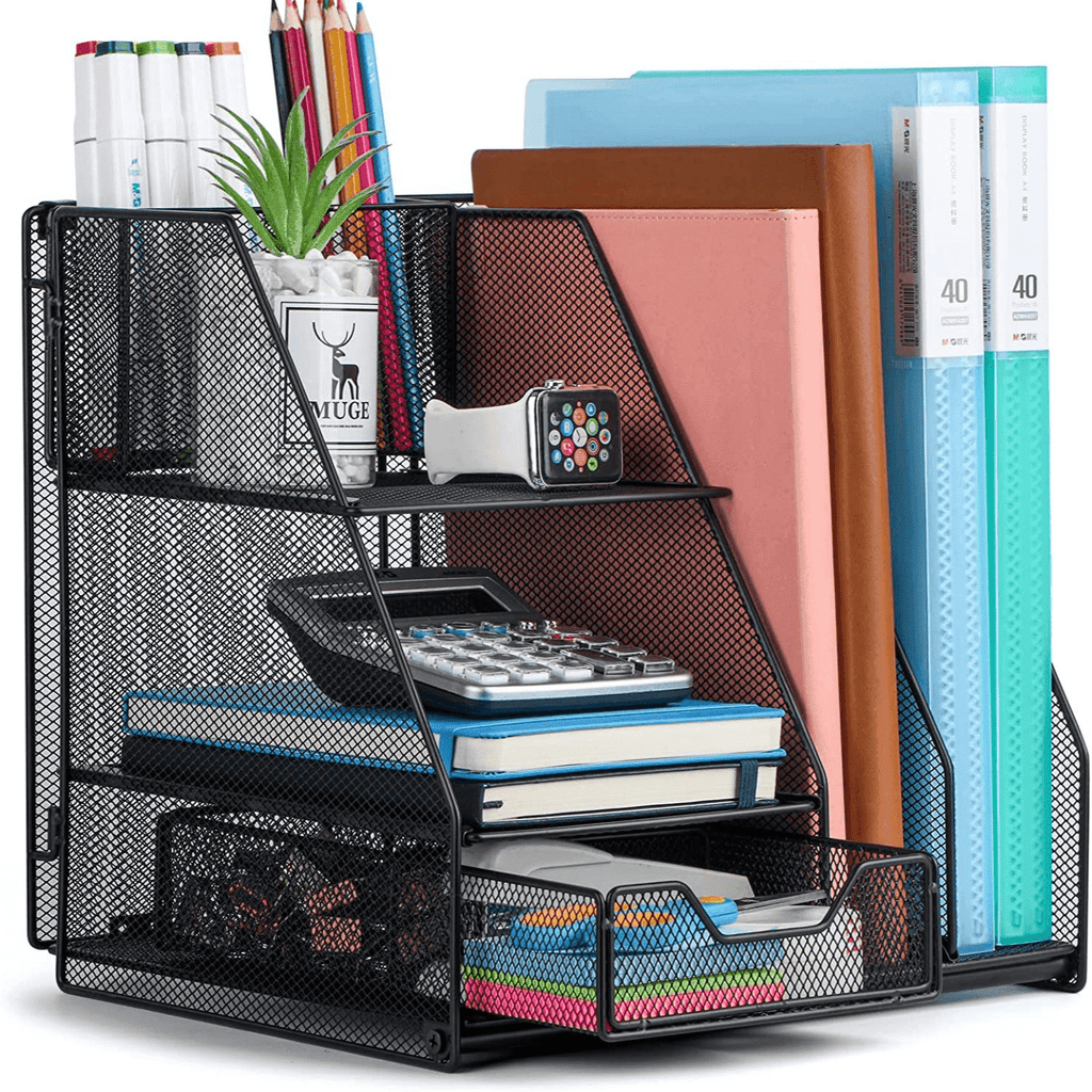 Marbrasse Desk Organizer with File Holder, 3-Tier Paper Letter Tray Organizer with Drawer and Pen Holder, Mesh Deskto... - Image 2