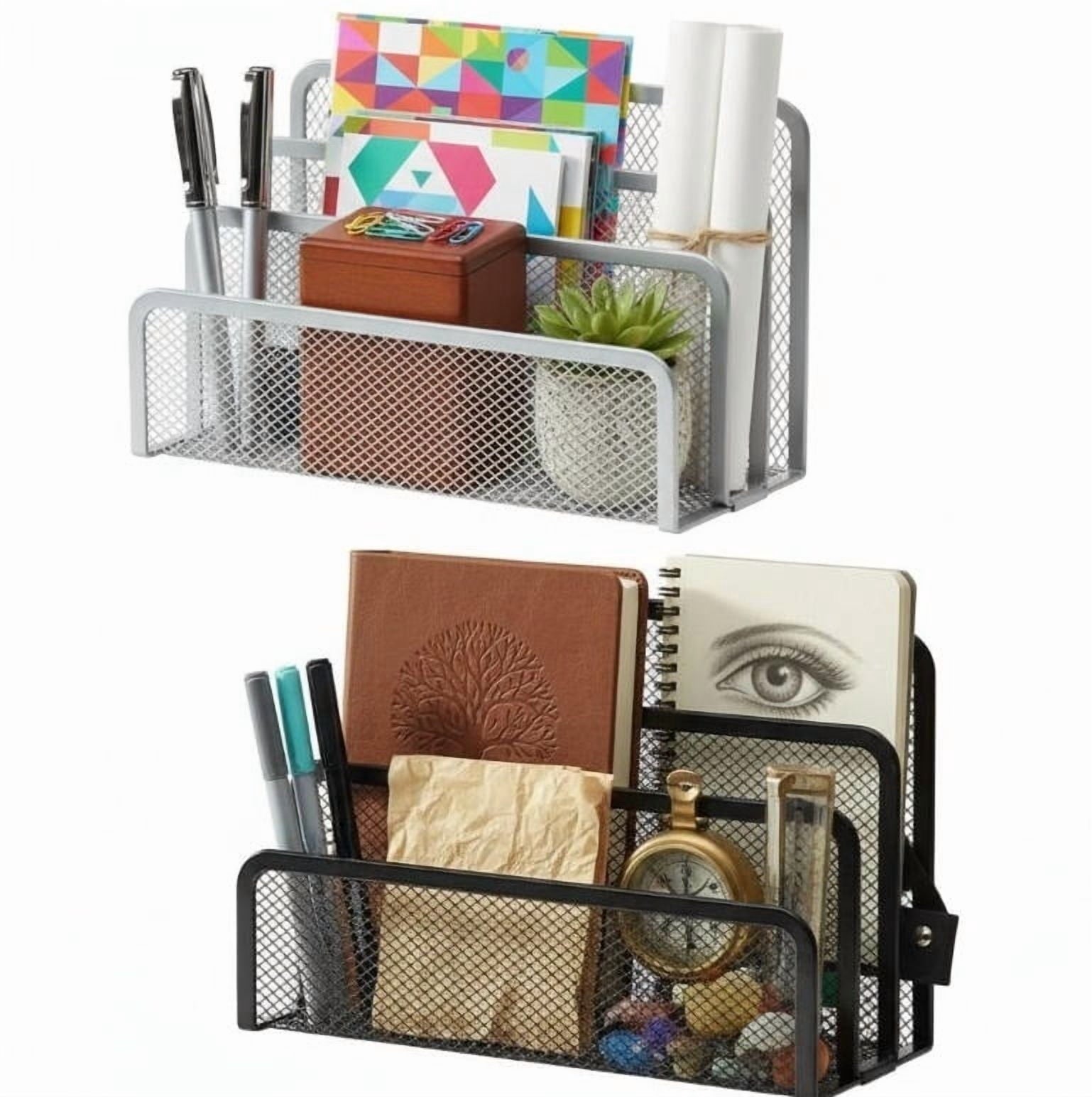 2-Pack Organizer (Black+Silver) - 6.8"x3.5"x5.1" Metal Mesh Letter Holder File Sorter for Home Office, top Document O...