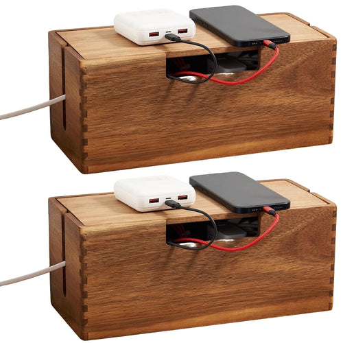 2 Pcs Acacia Wood Cable Management Box, Wooden Cord Hider & Organizer for Power Strip, Electrical Hiding, TV Wires, D...