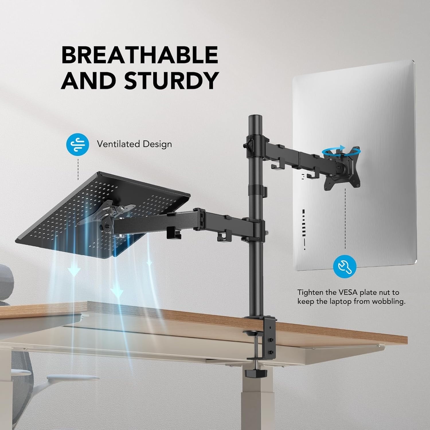 Adjustable Monitor Stand, Single Arm Desk Mount for 32 inch Screen and 17 inch Laptop, Heavy Duty Ergonomic Bracket H... - Image 2