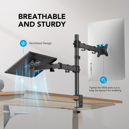 Adjustable Monitor Stand, Single Arm Desk Mount for 32 inch Screen and 17 inch Laptop, Heavy Duty Ergonomic Bracket H... - Image 2