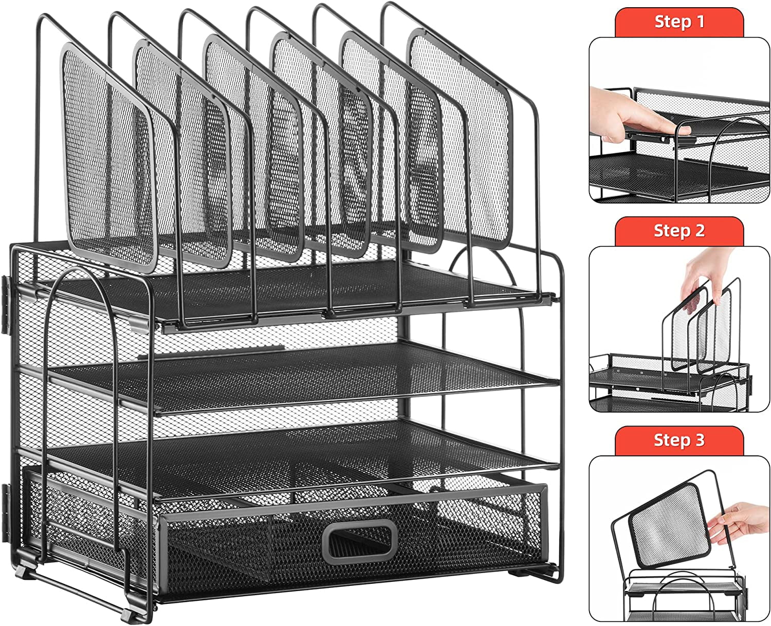 with Drawer, 4-Tier Mesh File with 5 Vertical File Holders and 2 Pen Holders, Multifunction top , s and Accessories f... - Image 2
