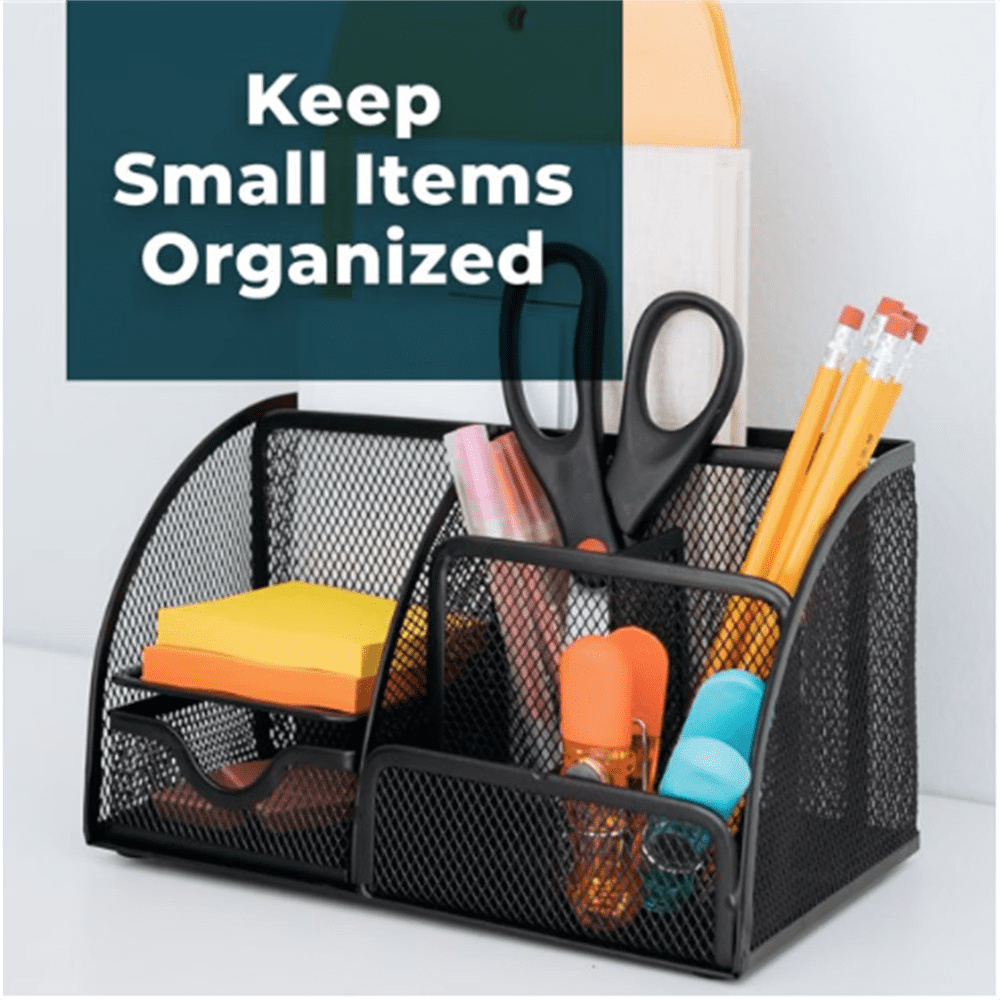 ZOUYUE Mesh Office Supplies Desk Organizer Caddy, 6 Compartments, Black - Image 3