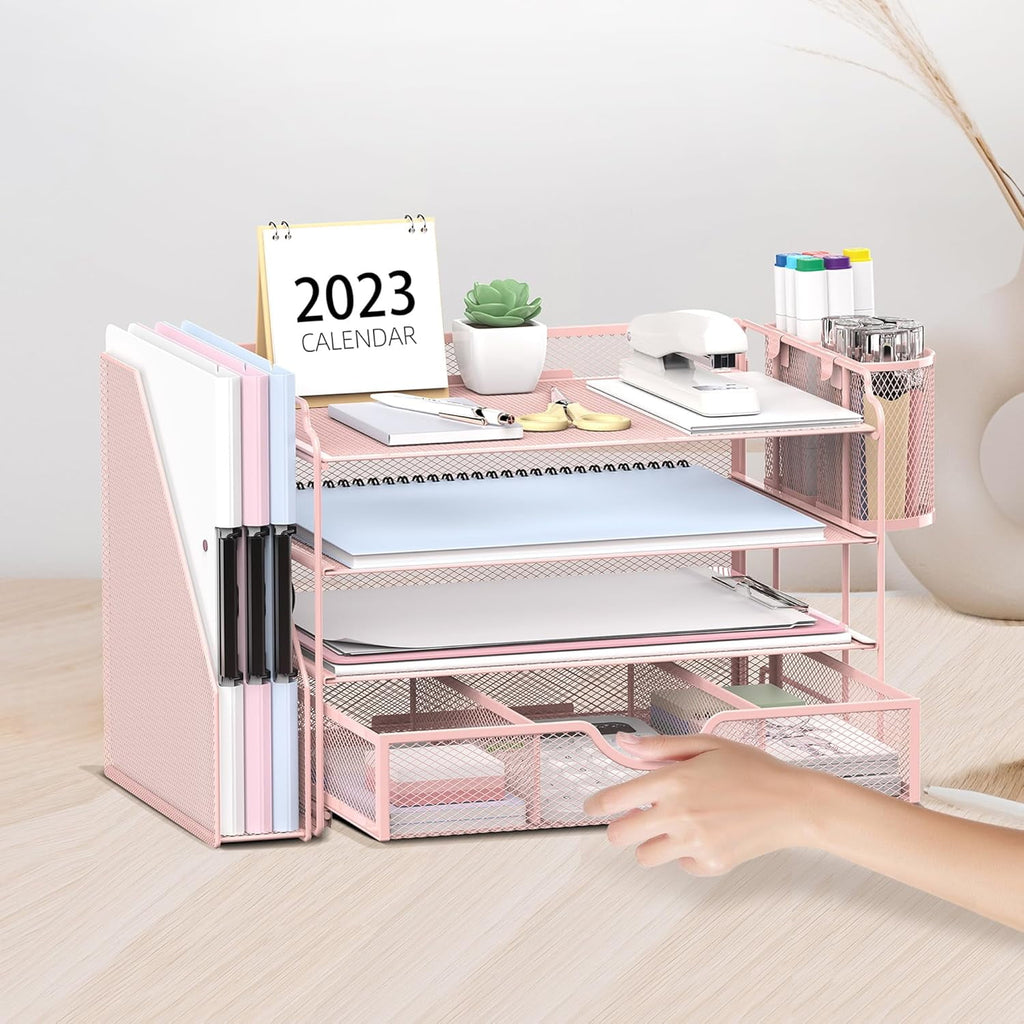 INTIGE 4-Tier Metal Desk Organizer with File Holder, 1 Drawer, 2 Pen Holders, Paper Organizer, Pink - Image 5