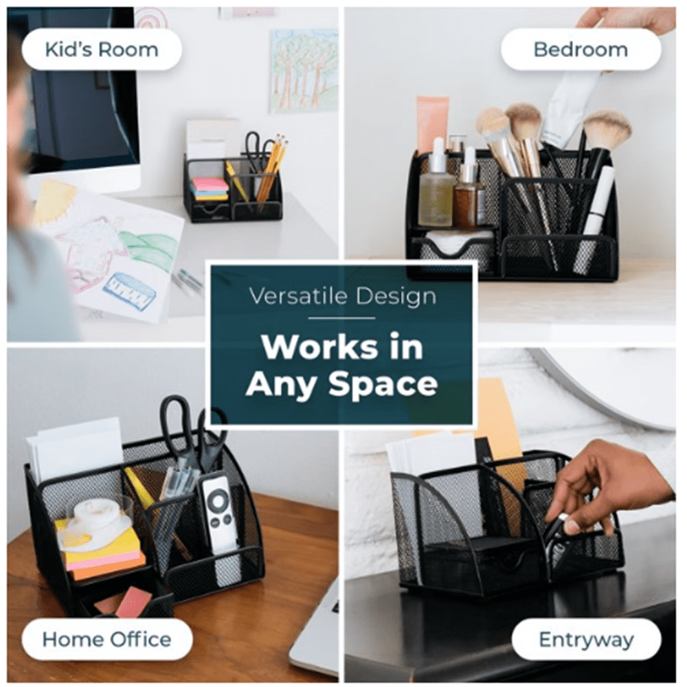ZOUYUE Mesh Office Supplies Desk Organizer Caddy, 6 Compartments, Black - Image 5