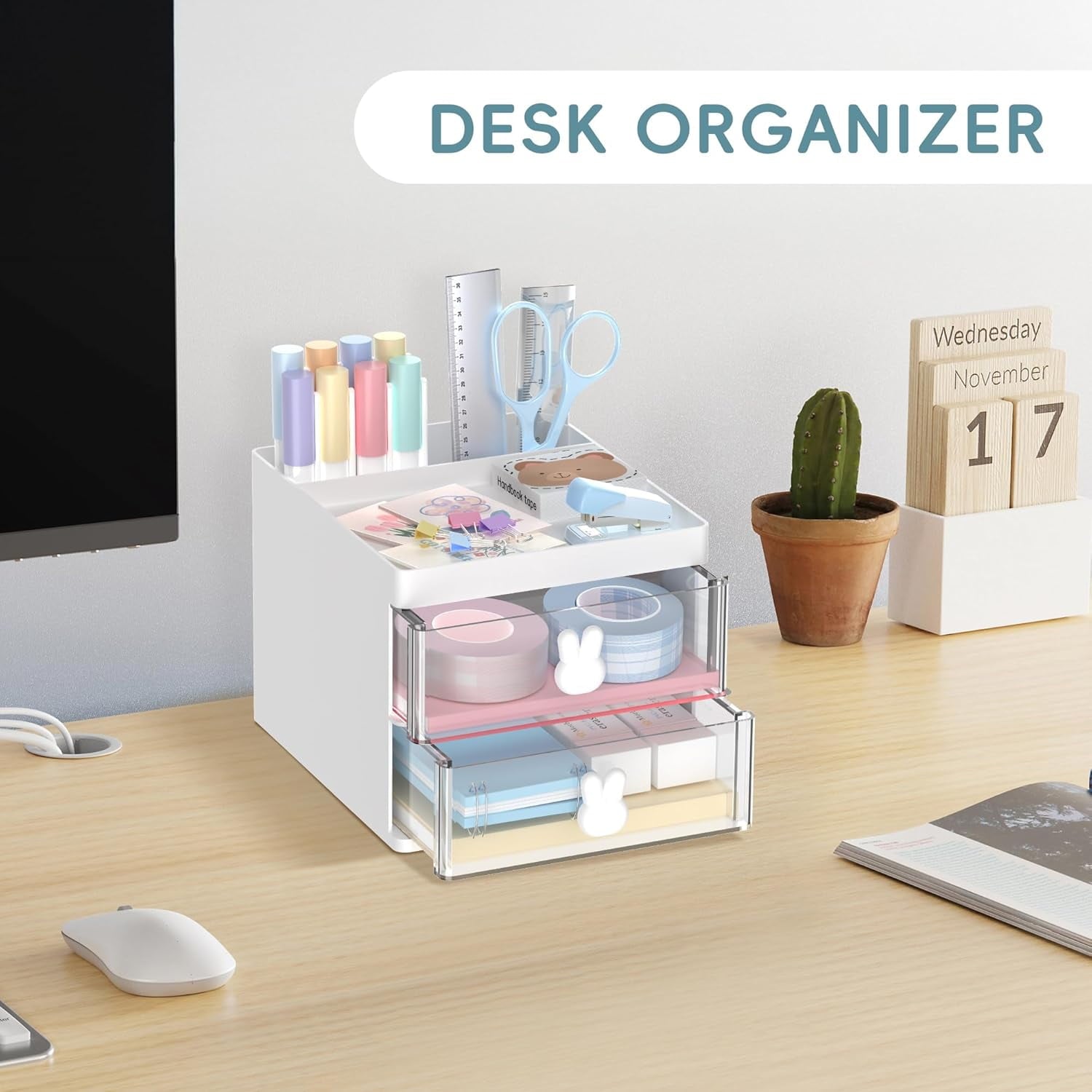 INTIGE Desk Organizer with 2 Drawers, Multi-Functional Pencil Pen Holder for Desk Storage with 3 Compartments, Mini Cute Desk Accessories - Image 5
