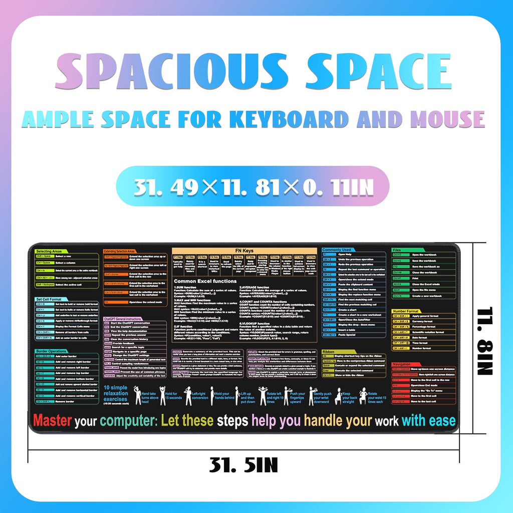 Excel Cheat Sheet Desk Mat, Large XL Waterproof Keyboard and Mouse Pad with Excel Shortcuts, Gaming Accessories for Computer Desk, 31.511.8 - Image 3