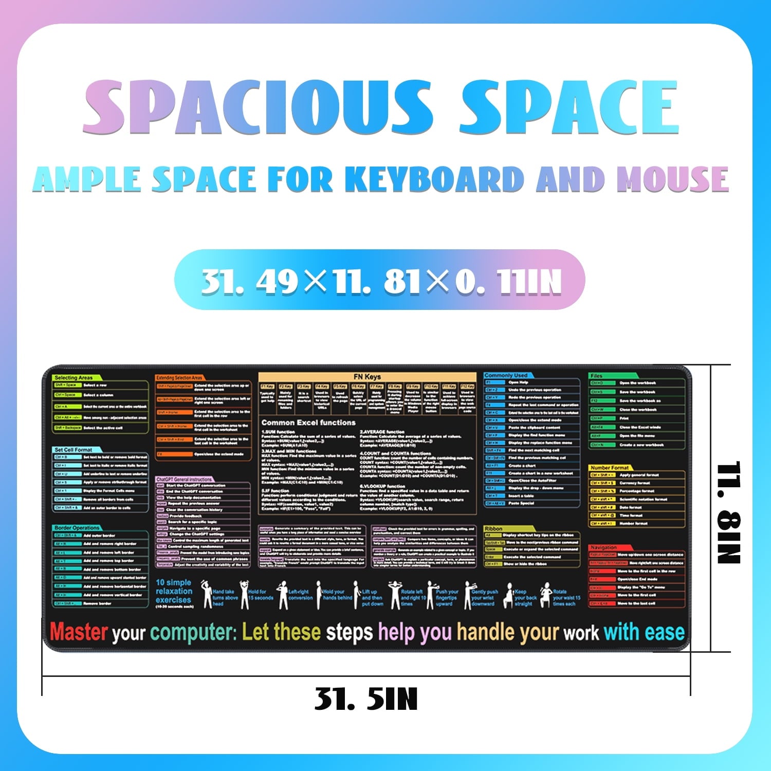 Excel Cheat Sheet Desk Mat, Large XL Waterproof Keyboard and Mouse Pad with Excel Shortcuts, Gaming Accessories for Computer Desk, 31.511.8 - Image 3
