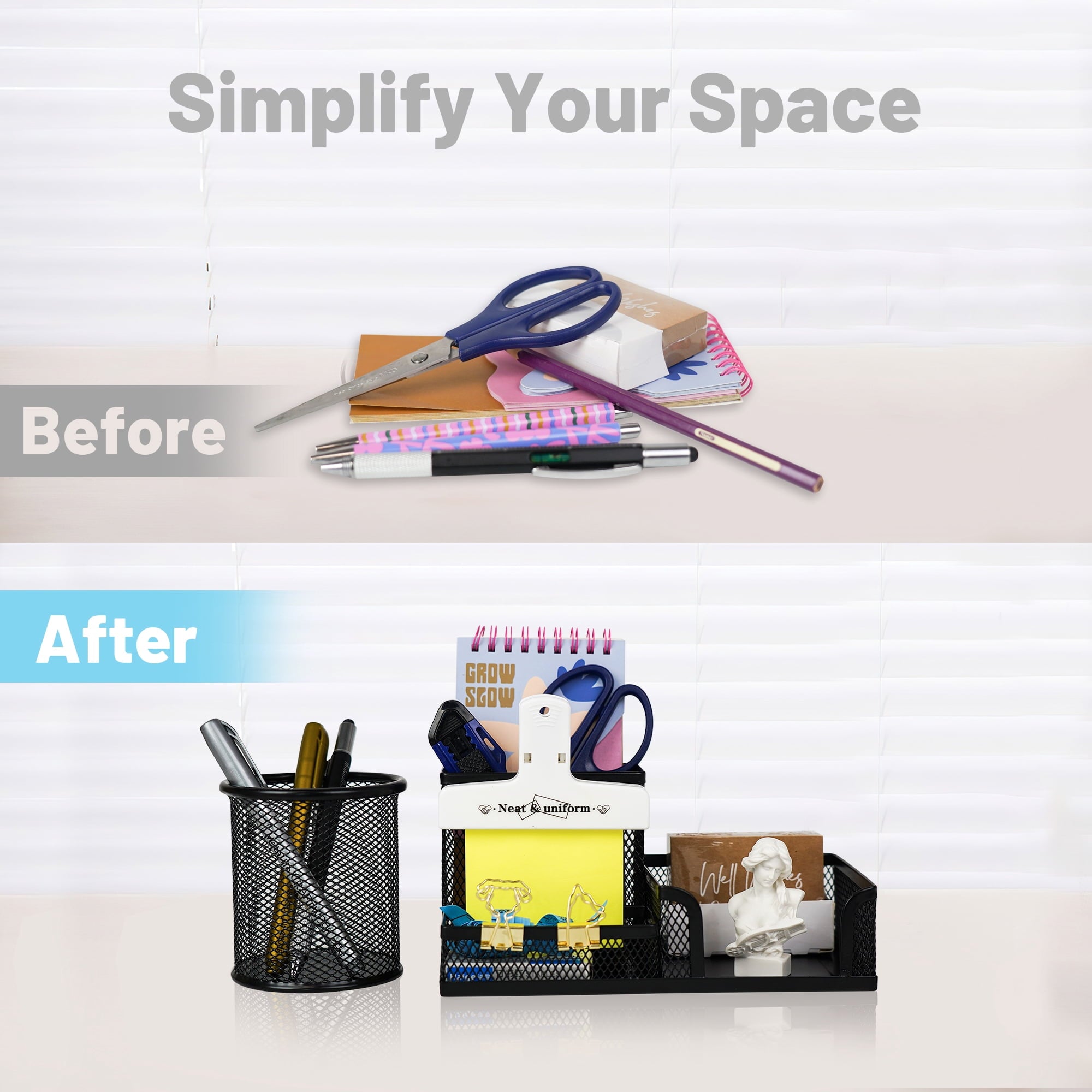 Mesh Pen Holder Desk Organizer with a Pencil Cup, 3 Compartmnets Desk Caddy, Helpful Sticky Note Holder and Paper Cli... - Image 3